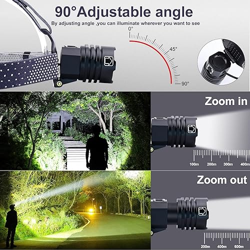 Miniatura 4 de Linterna de cabeza LED recargable, 90,000 lúmenes, superbrillante, con zoom, impermeable, ajustable a 90°, para adultos, para trabajo, ir de