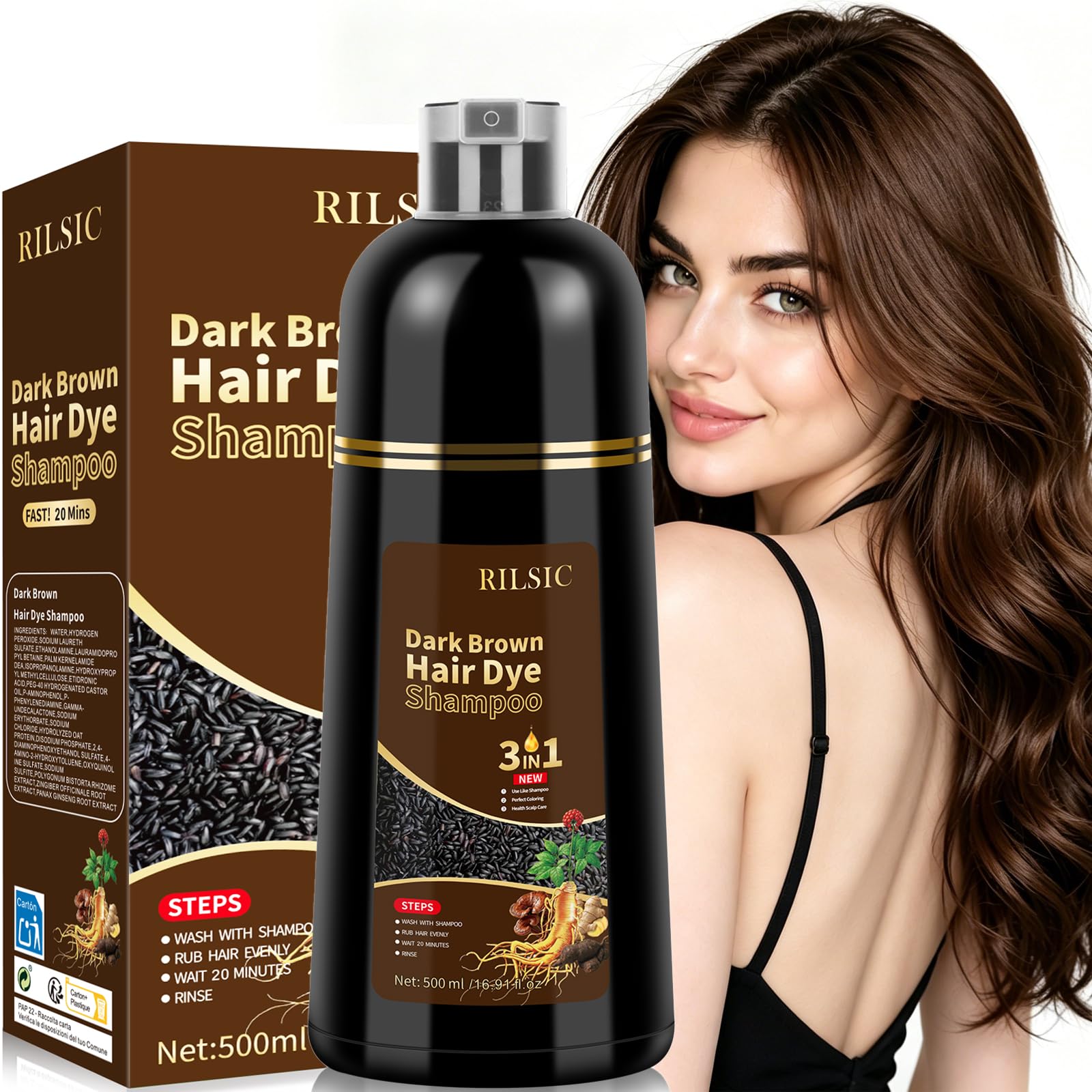 500ML Shampoo Colorante 3 in 1, Tintura Capelli Istantaneo, Colore Naturale, Hair Dye Shampoos 3 in 1, Shampoo Colorante Capelli Bianchi per Capelli Grigi, Donna Uomo (Marrone scuro)