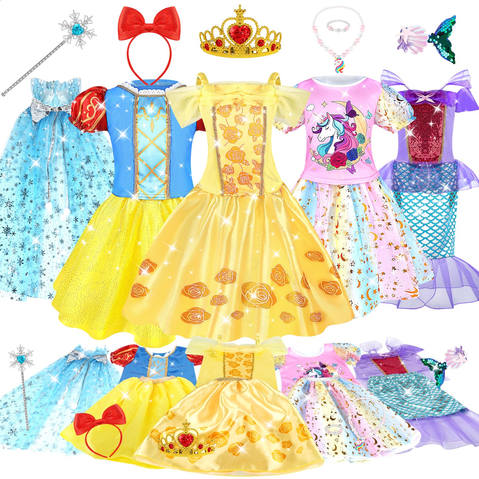 Dreamon Vestito Principessa Bambina Costume 5 Pezzi Accessori Come Scettro Corona Collana Forcina Regali Bambini Compleanno Carnevale per 3 4 5 Anni