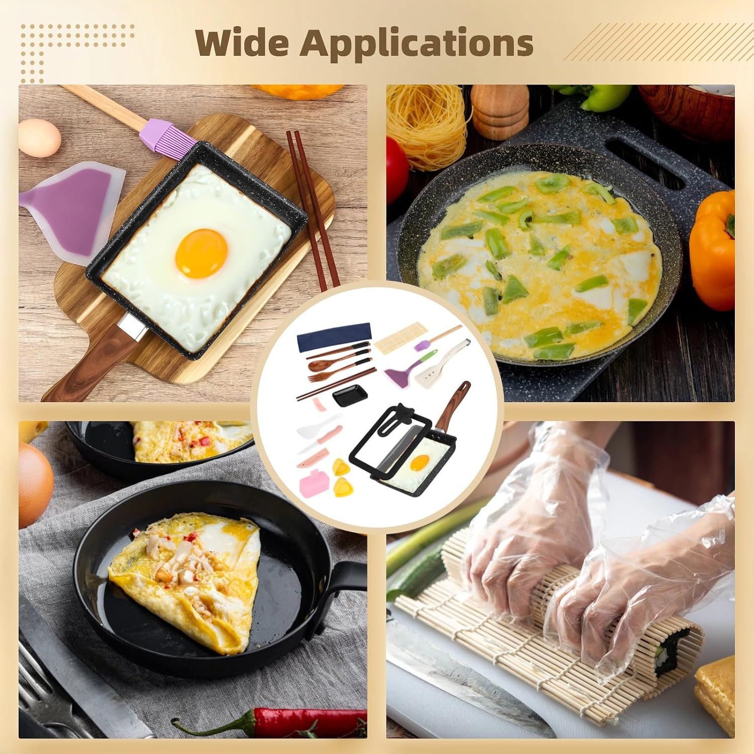 Omelette Cast Iron Pan Kit, Tamagoyaki Pan with Lid, Rectangular Nonstick Skillet, Wooden Handle, Includes Spatula, Mat, Knife, Sushi Accessories, Cooking Brush