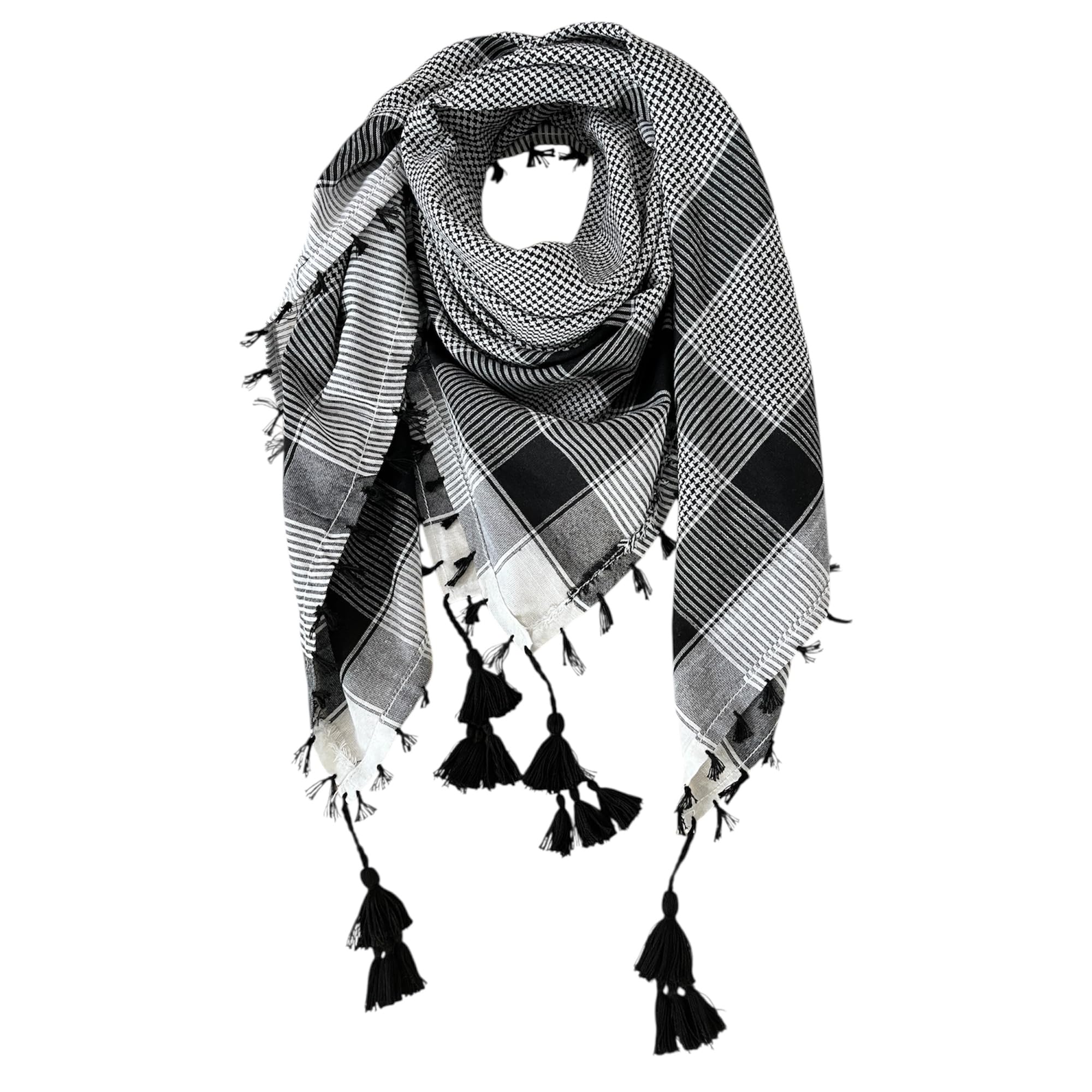 Shemagh Arafat Checkered Pattern Scarf – Black and White Keffiyeh, Salman Khan Style Square Shemagh with Tassels, Tactical Desert Head Wrap, Lightweight Cotton Scarf-image-6