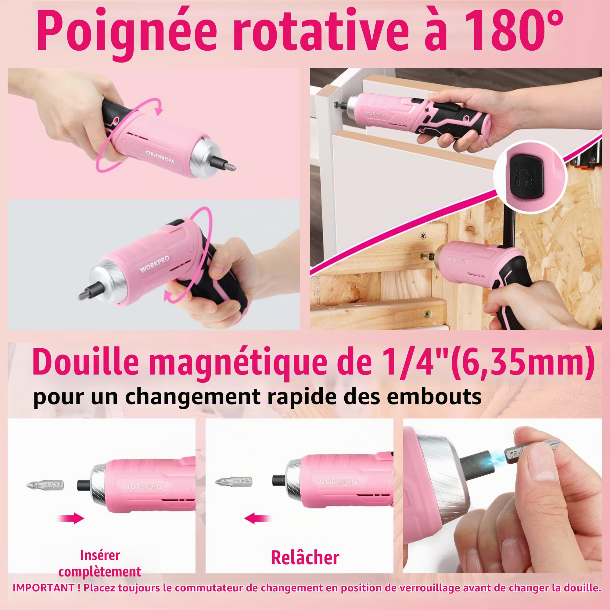 WORKPRO Caisse à Outils Rose 18 Pièces avec Tournevis Electrique 3,7 V | Trousse à Outils avec Boîte de Rangement, Mallette à Outils pour Usage Domestique ou Petits Travaux