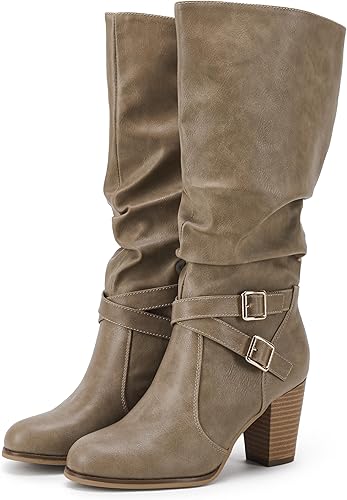 Ermonn Botas para mujer hasta media rodilla con tacón grueso, estilo holgado, hebilla de metal, cremallera lateral, zapatos de moda para invierno
