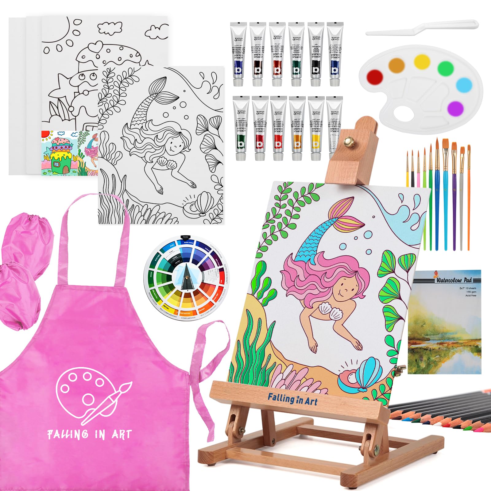 COOZEE Easel Set, 46-teiliges Malset mit Tischstaffelei, Acrylmalerei-Starterset mit 12 Acrylfarben, 12 Buntstiften, Pinseln, Leinwandplatten und Aquarellblock für Einsteiger & Hobbymaler, Rosa