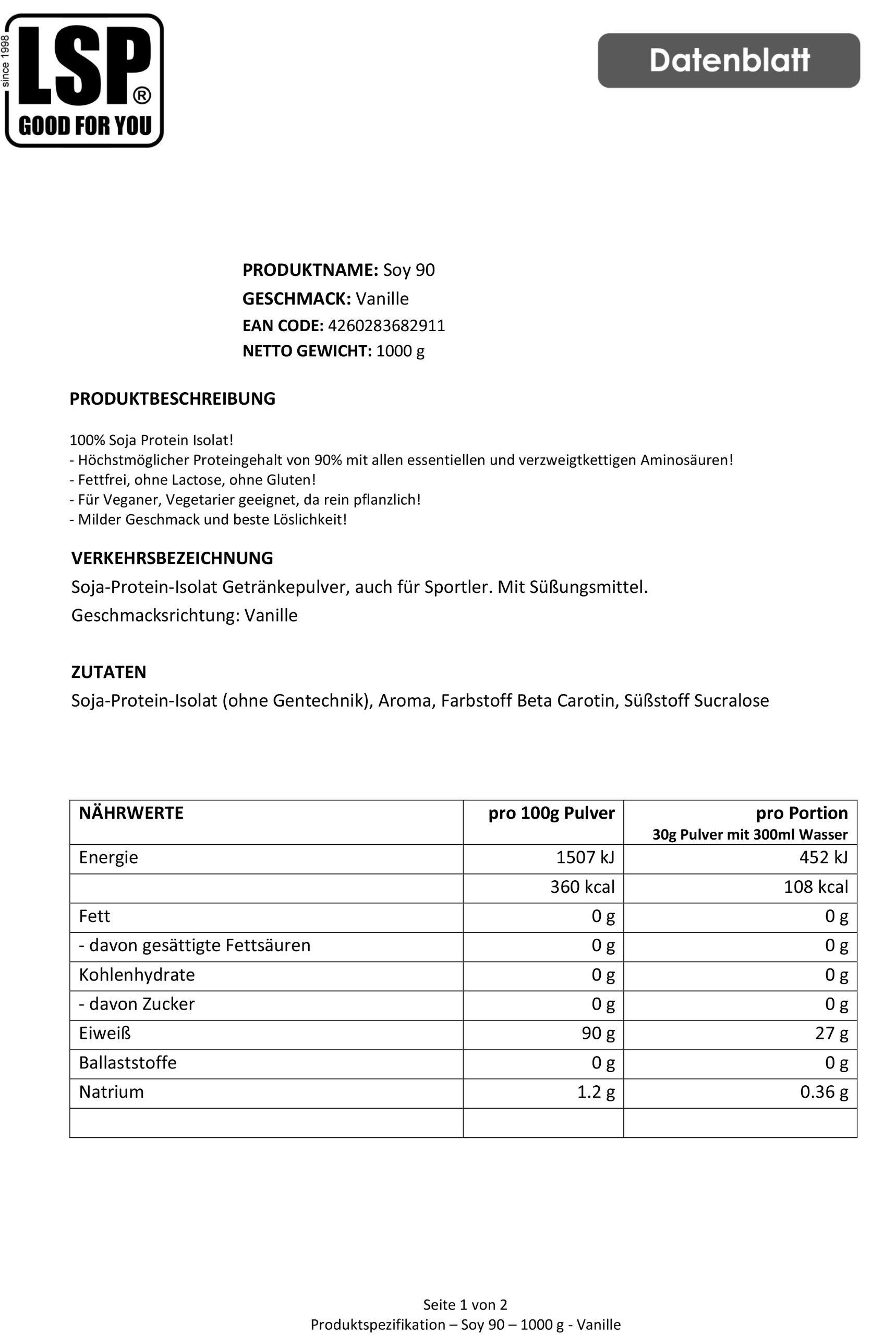 LSP Soy 90 (Sojaprotein 100% Vegan) Vanille, 1er Pack (1 x 1 kg)