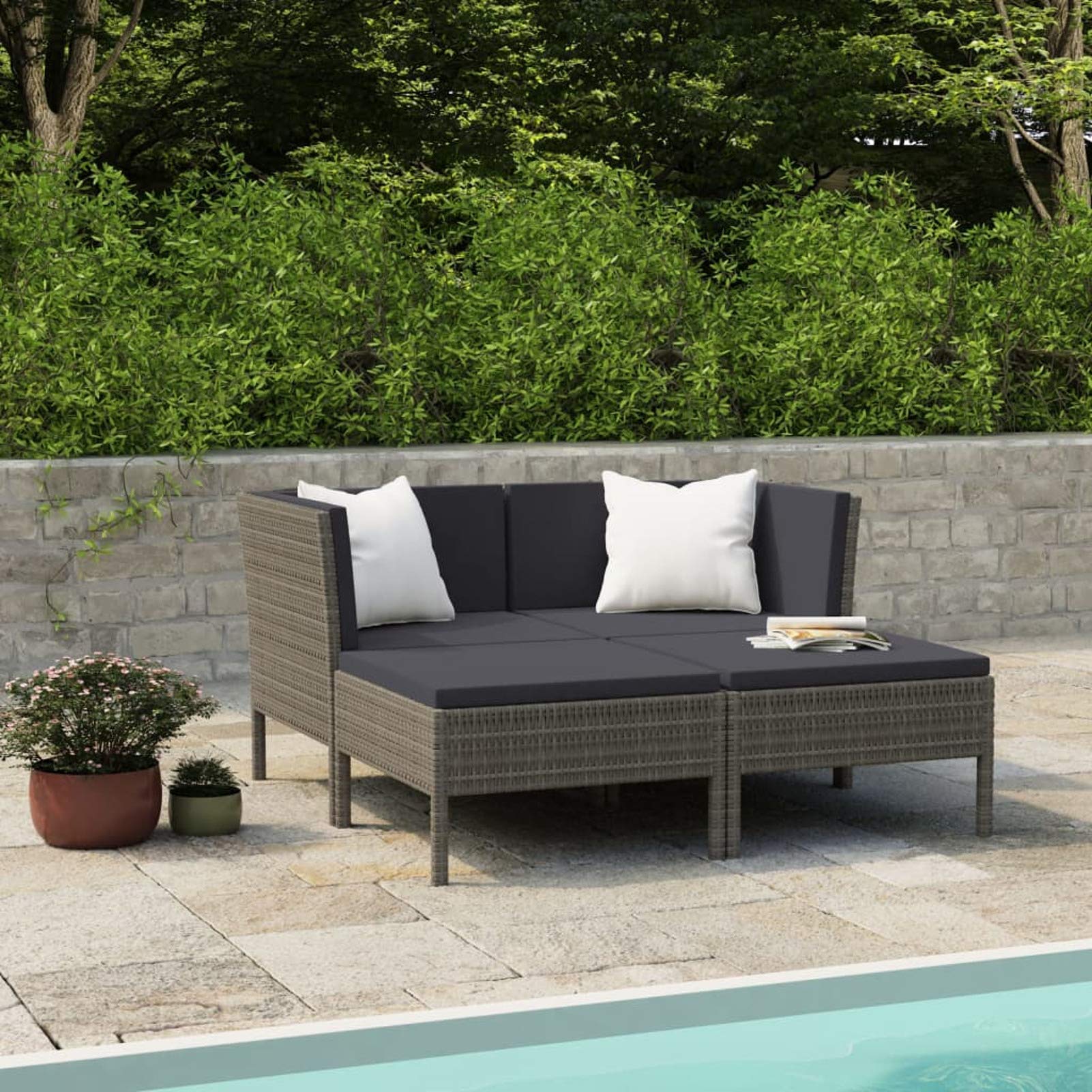 Tidyard 4-TLG. Polyrattan Garten Lounge Set mit Auflagen Lounge Sitzgruppe Gartenmöbel Garnitur Couch-Set Gartenlounge Sofa Hocker für Outdoor Garten Terrasse Poly Rattan Grau