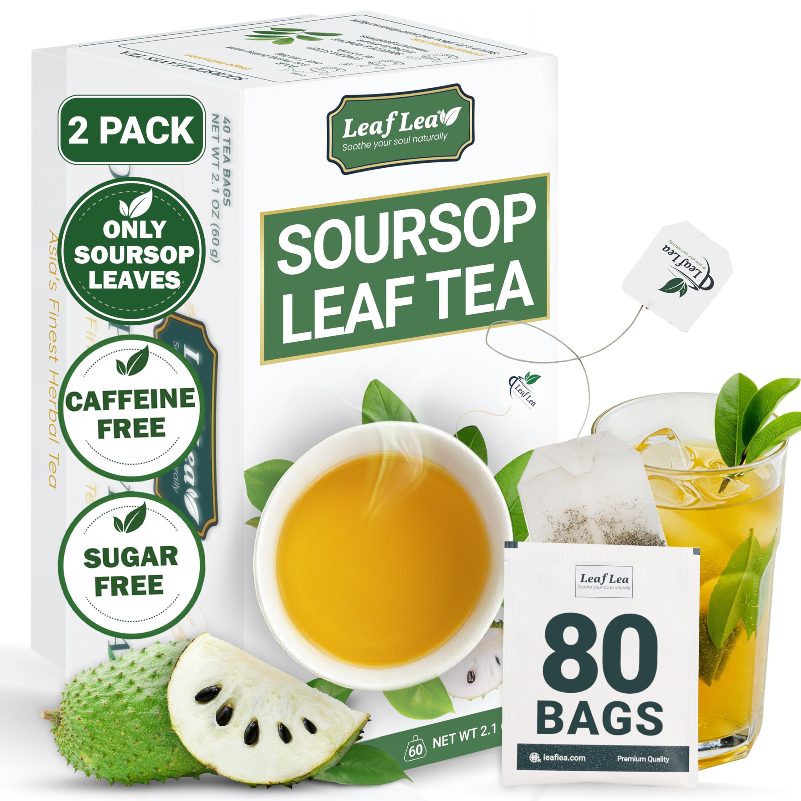 LeafLea 80 Soursop Leaf Tea Bags, from Natural Soursop Leaves (Graviola), Herbal Blend for Wellness, Sour Sop Herbal Tea Individually Wrapped for Freshness, Caffeine-Free, Vegan, No Sugar, Non-GMO