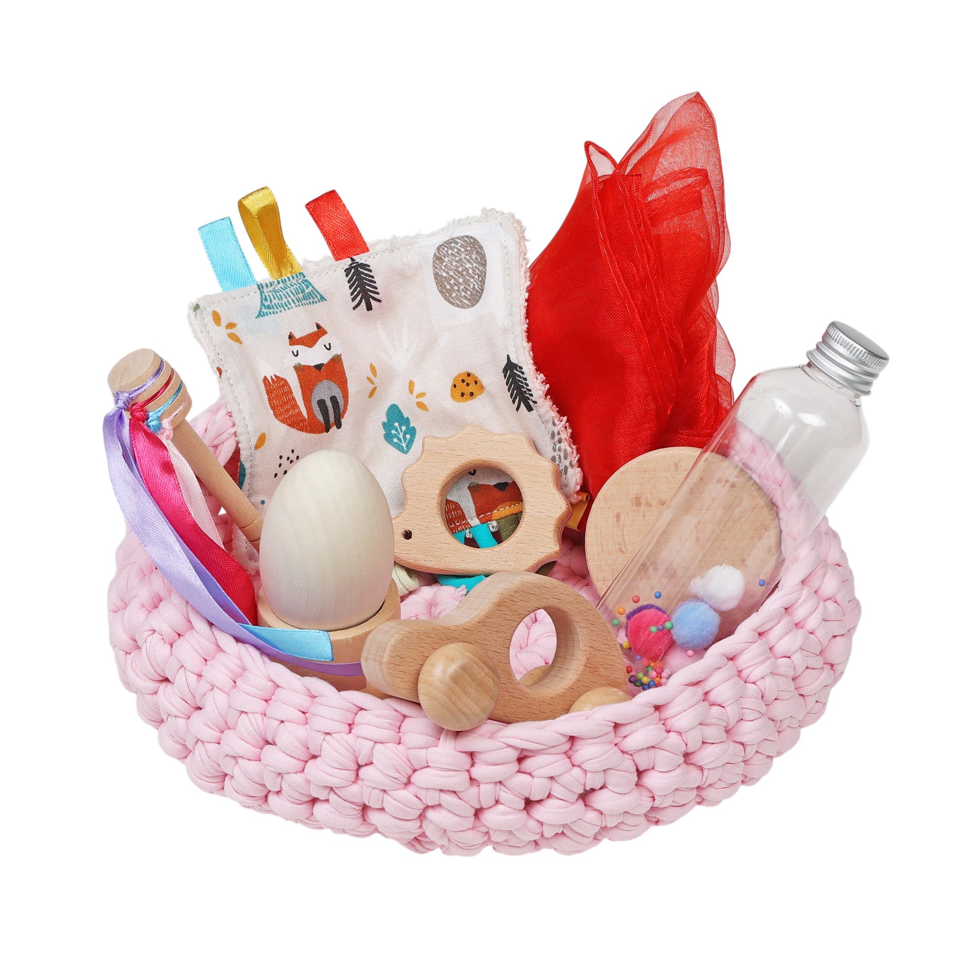 Montessori-Schatzkorb für Babys (4-18 Monate), sensorisches Spielzeug, handgefertigt aus natürlichen Materialien, Lernspiel zur Stimulation und Entwicklung, originelles Babygeschenk, Rosa
