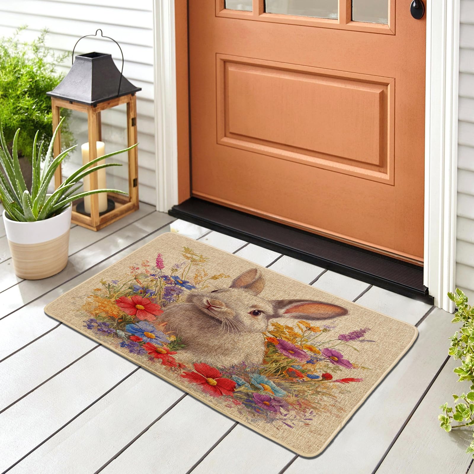 Spring Bunny Doormat, Colorful Floral Rabbit Entrance Rug for Outdoor Indoor Decor, Waterproof Non-Slip Dust Absorbent Door Mat, Easy Clean 29x17 Inch