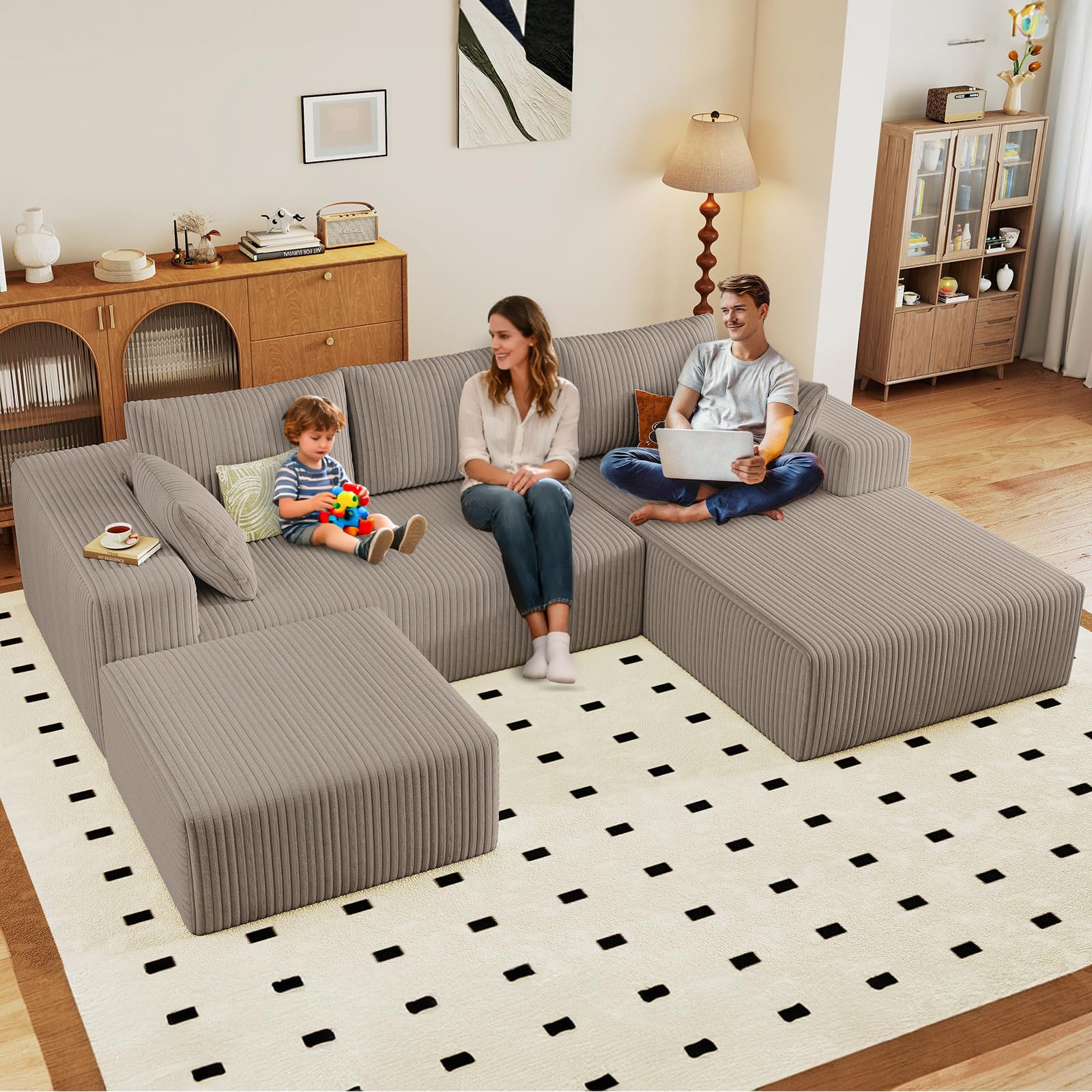 96" U-Shape Cloud Couch, Modern Modular Sectional L-Shape Sofa with Ottoman, Corduroy Upholstered Couches Deep Seat Chaise Longue for Living Room, No Assembly Required(Camel, Right Facing)
