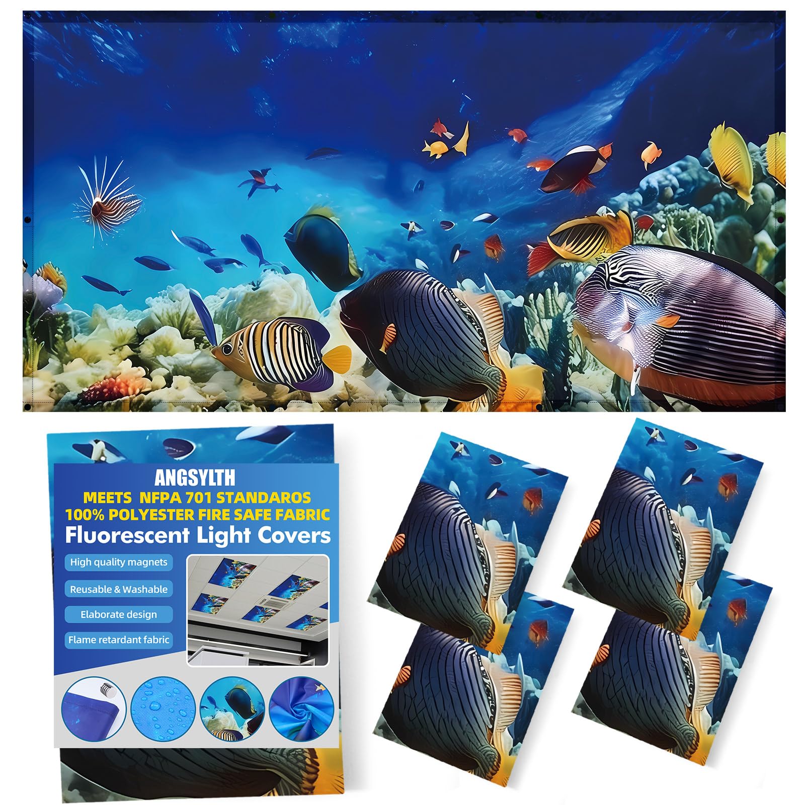 ANGSYLTH 4 Pcs Fluorescent Light Covers - Classroom, Office 4 x 2 Feet Flame Retardant Magnetic Covers for Ceiling Lights Filters (Underwater World)