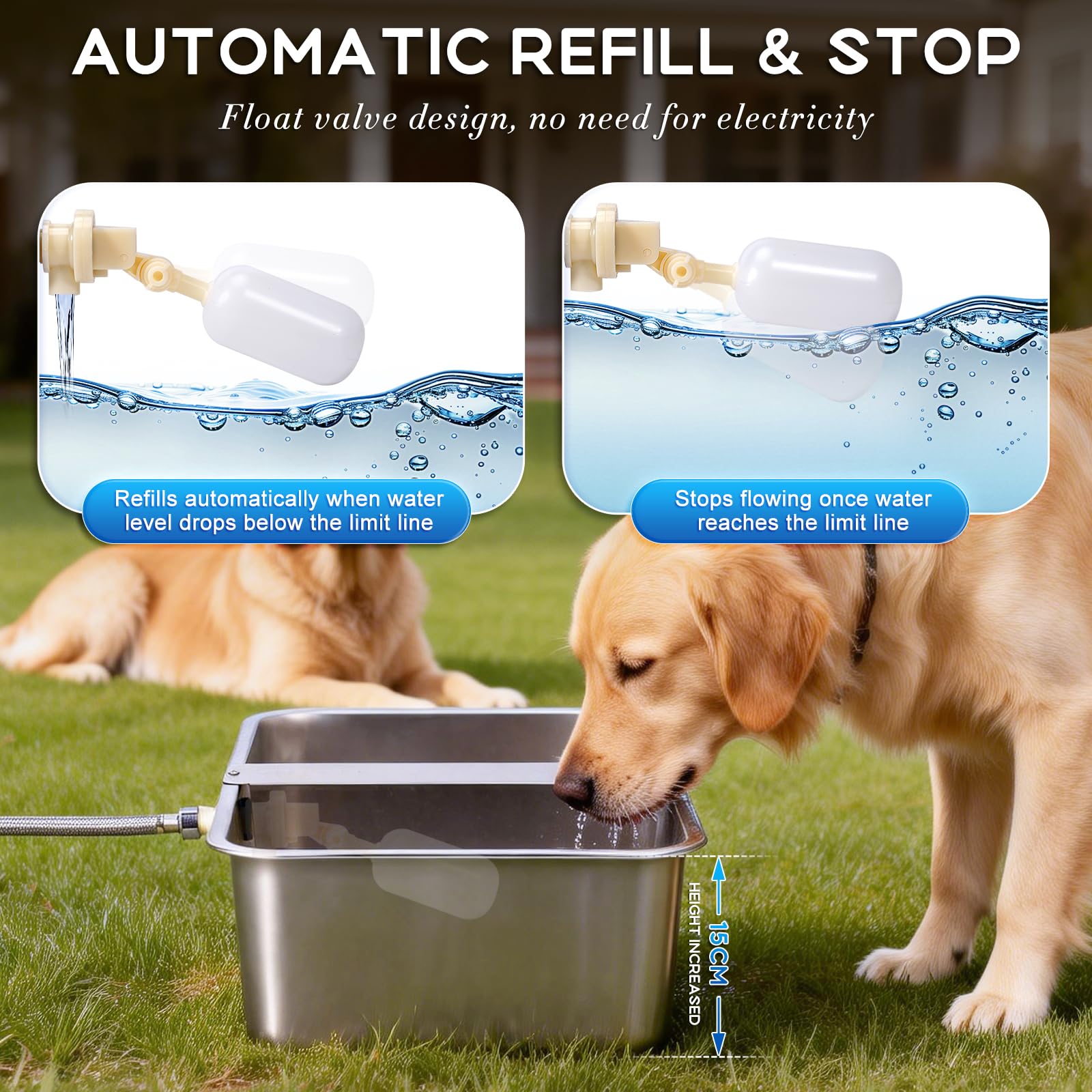 Distributore Automatico di Acqua per Cani da 25L con Valvola Galleggiante, Abbeveratoio per Cani all'Aperto per Due Cani, Ciotola per Acqua per Cani a Gravità in Acciaio Inox (Autocompletar)