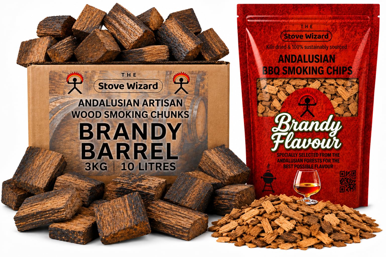 The Stove Wizard Brandy Smoking Wood Chips & Chunks Bundle 3.4 + 10 Litres