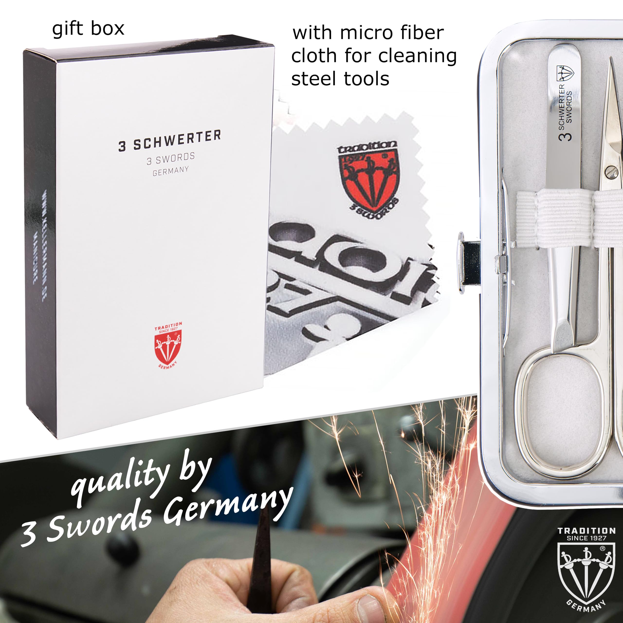 3 Swords Germany - Kit de manucure et pédicure de qualité 6 pièces - Ciseaux, lime à ongles en métal et verre, pince à épiler avec étui en cuir synthétique - Blanc
