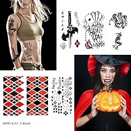 JEEFONNA 22 Sheets Halloween HQ Joker Temporary Tattoos, Perfect Halloween Face Tattoos Costumes, Halloween Party Accessories and Cosplay (Women\'s)