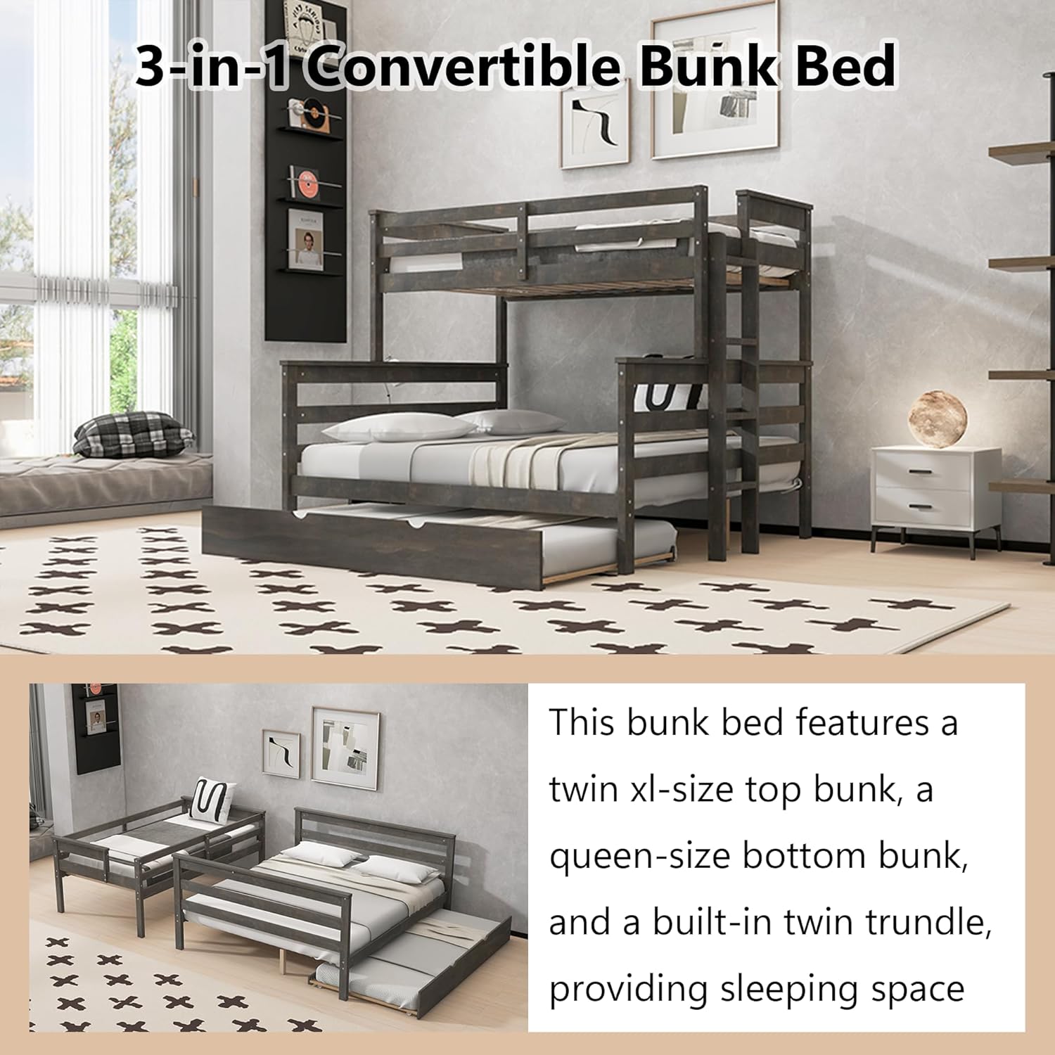 Linique 3-in-1 Convertible Bunk Bed,Twin XL Over Queen with Trundle, Separates into 3 Beds, Sturdy Wood Ladder & Guardrails for Safe Sleep, Grey Finish