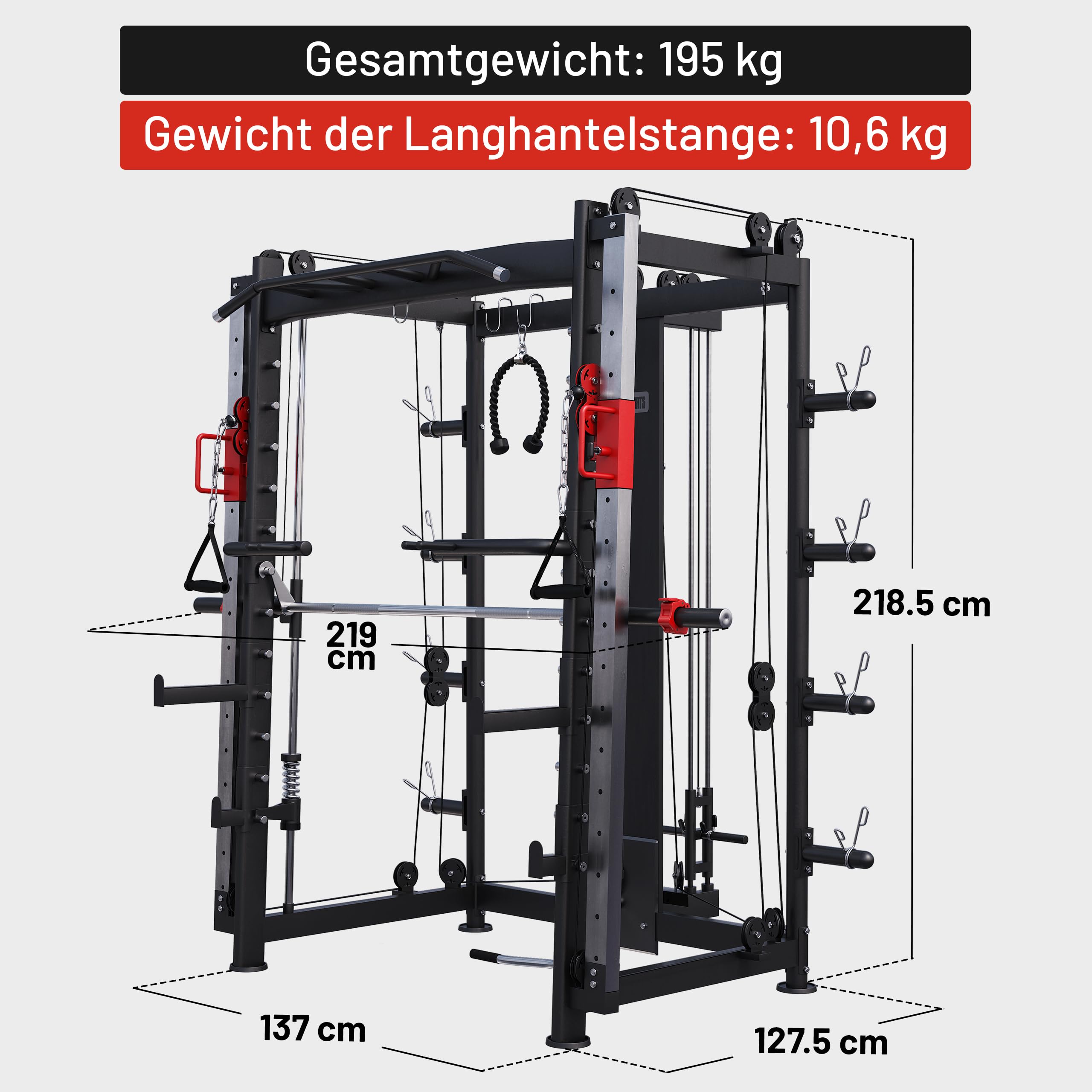 GORILLA SPORTS® Smith Maschine - mit Klimmzug, Rudern, Dip Station, Bizeps/Trizepsgriff, Langhantel und Hantelscheiben Aufnahme, Verstellbar, Stahl - Multipresse, Power Rack, Kraftstation, Power Cage
