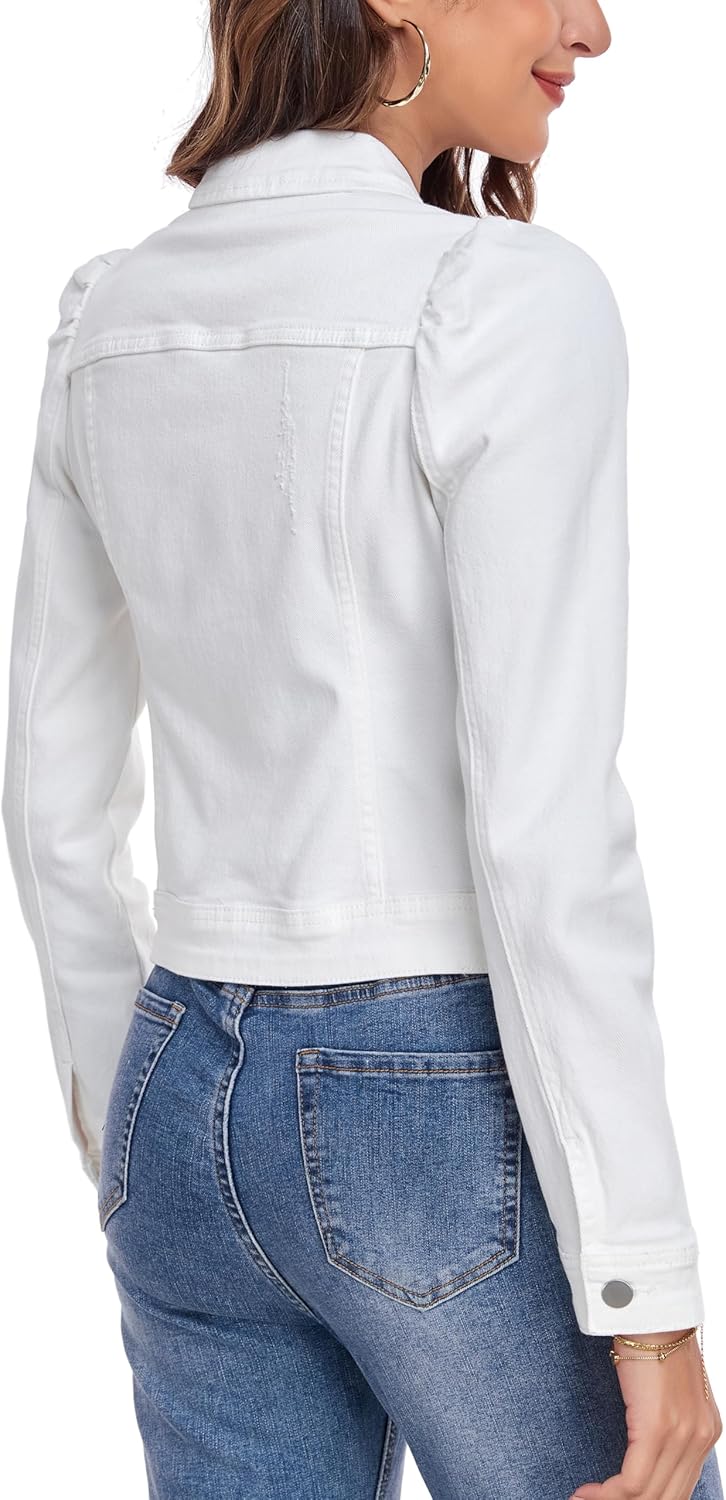 Anienaya Women's Jean Jacket Cropped Denim Jackets Stretchy Puff Long Sleeve Ripped with Pockets
