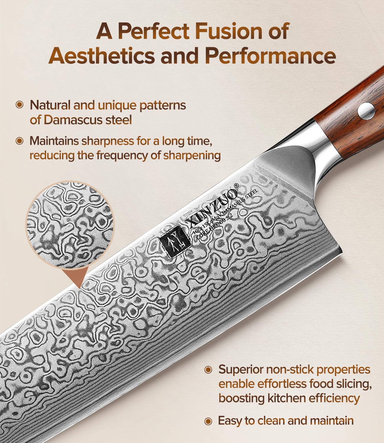 XINZUO 18.5cm Acier Damas Couteau Nakiri, Tranchants Couteaux de Cuisine Acier Damas 67 Couches Couteau de Chef, Convient pour la Viande, les Légumes et les Fruits -Poignée Bois de Rose