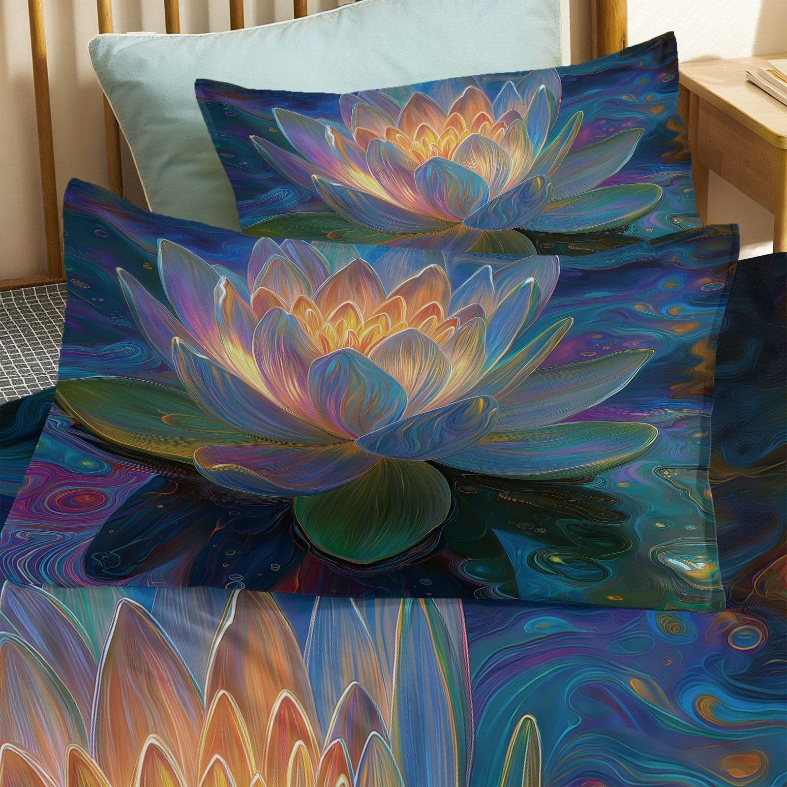 Zestaw pościeli w rozmiarze Super King Size 260 x 220 cm, 3-częściowy abstrakcyjny zestaw pościeli z lotosu, kwiatowy wzór, miękka, przytulna, szczotkowana mikrofibra, z 2 poszewkami na poduszkę