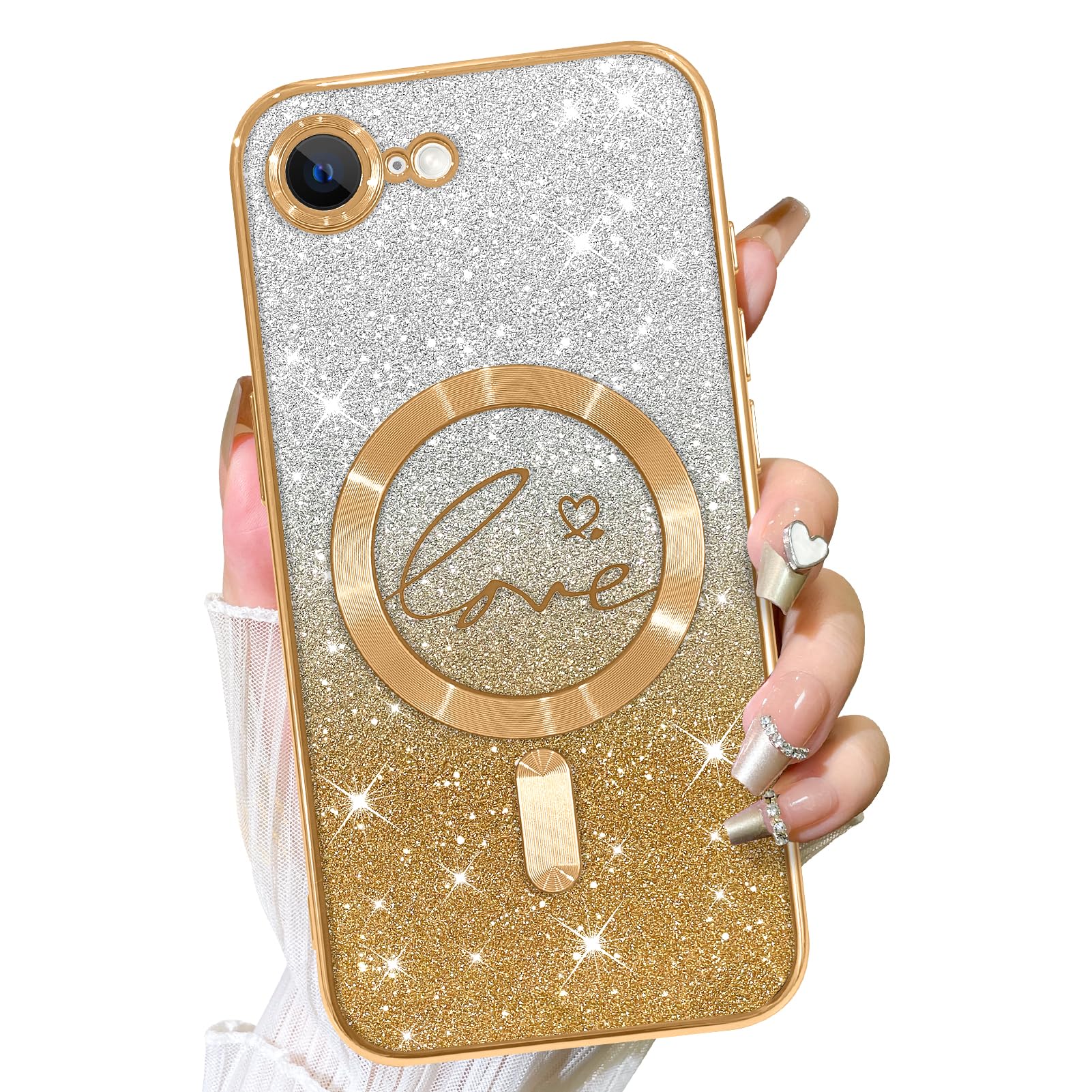 Fiyart Designed for iPhone 16e Case,Compatible with MagSafe Love Heart Plating Camera Protection Magnetic Glitter TPU Shockproof Phone Bumper for