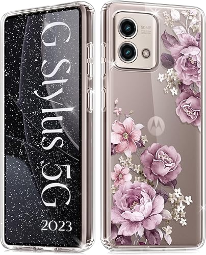 Funda protectora delgada para Moto G Stylus-5G-2023, diseño de flores transparentes a prueba de golpes de policarbonato duro + TPU parachoques