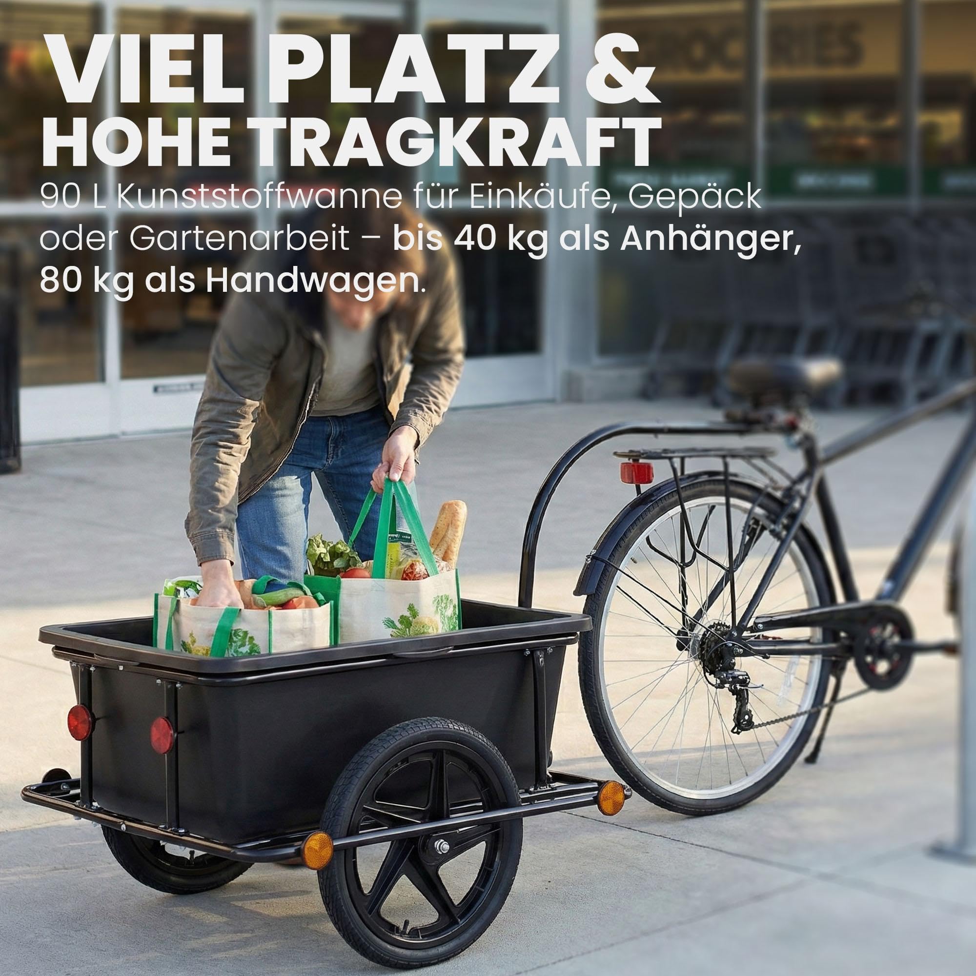 CLP Fahrradanhänger Lastenanhänger Haarlem, Transportanhänger mit Kupplung, Handwagen mit Plane, Stahlrahmen bis 80kg, für 26-28 Zoll Fahrräder, Farbe:schwarz