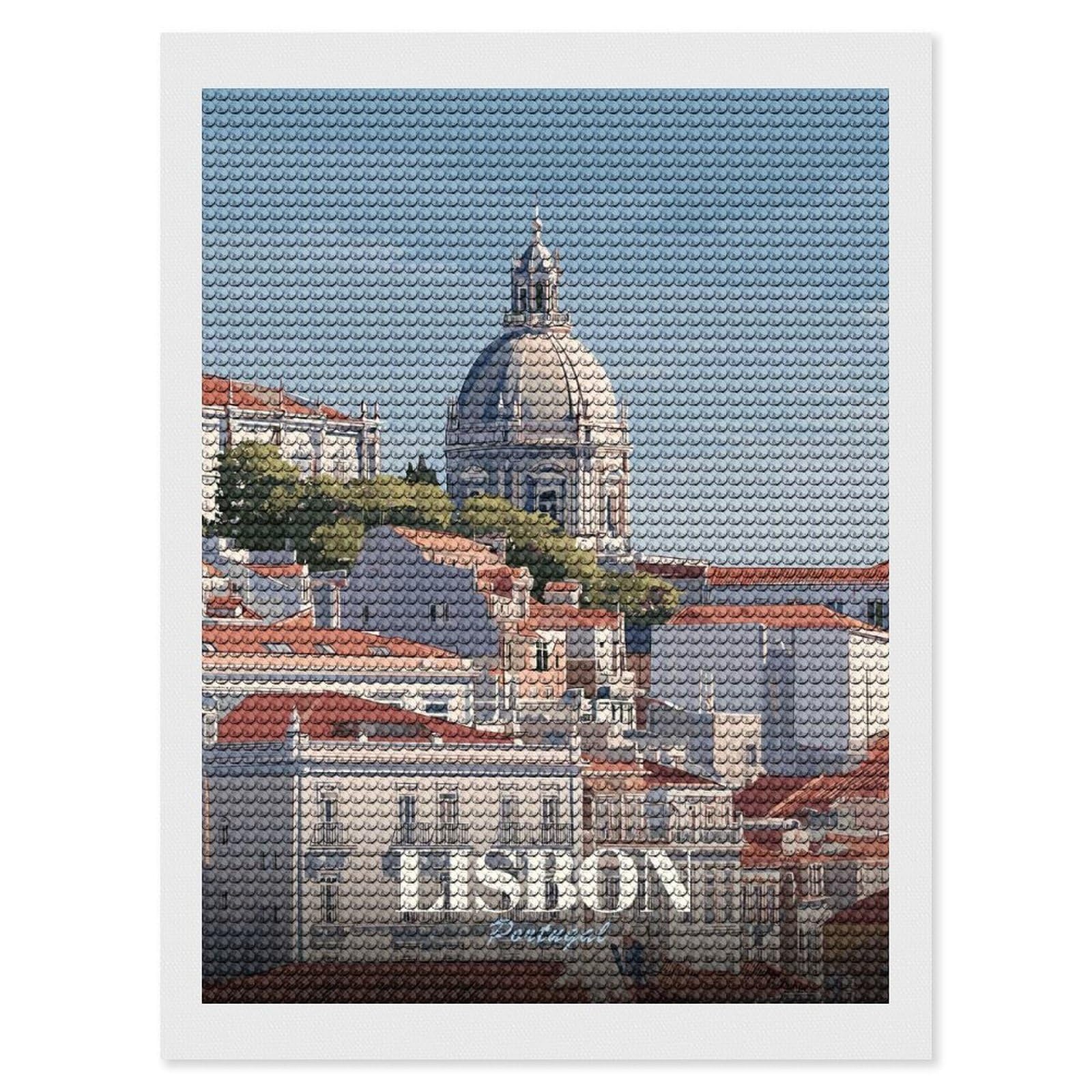 Junmoney Lisbon, Portugal Cityscape Illustration(2) Diamond Art Kit 12"x16", Neat Printed Canvas, Finish and Display, Relaxing DIY Hobby, Living Room Decor