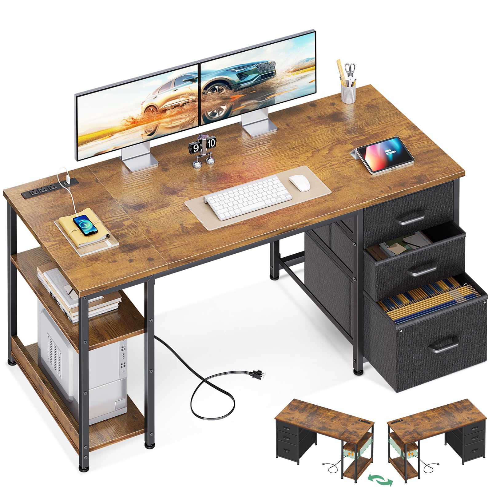 Amazon.com: AODK 51 Inch Computer Desk with Fabric Drawers & USB