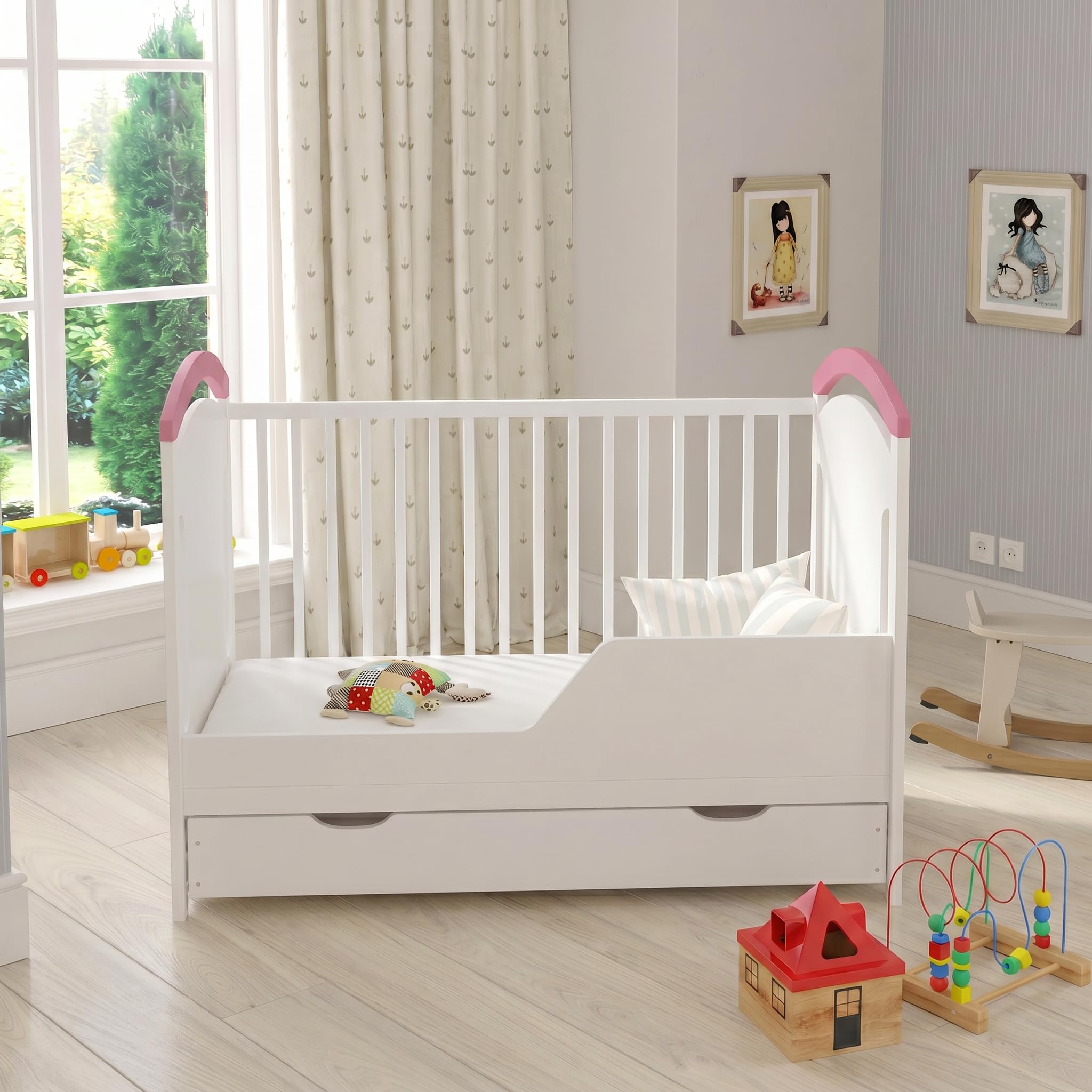 Love For Sleep Lettino Culla Neonato 120x60 cm in Legno di Pino Blu Rosa – Lettino Trasformabile con Barriera di Sicurezza e Protezioni Morbide per Dentizione, per Bambini 0-3 Anni