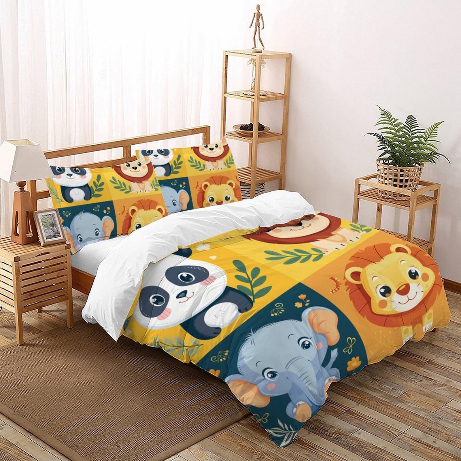 Housse de couette enfants animaux 200x200 avec 2 taies d'oreiller pour lit double