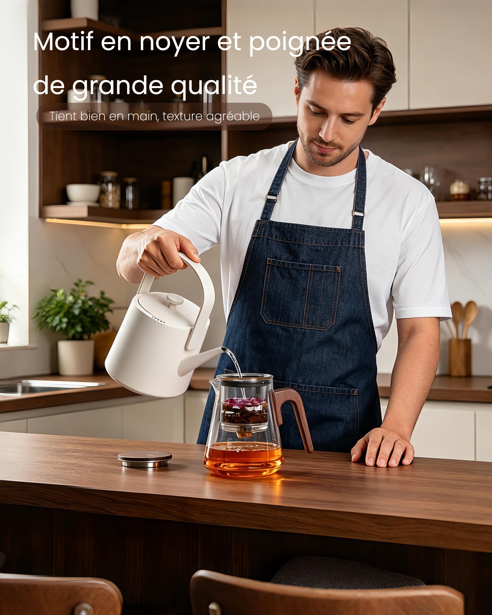 ZENS Theiere con infusor, Magic tetera de cristal con tapa de succión magnética para té de hojas sueltas sin daños, mango de madera de nogal, regalos para los amantes del té-800ML