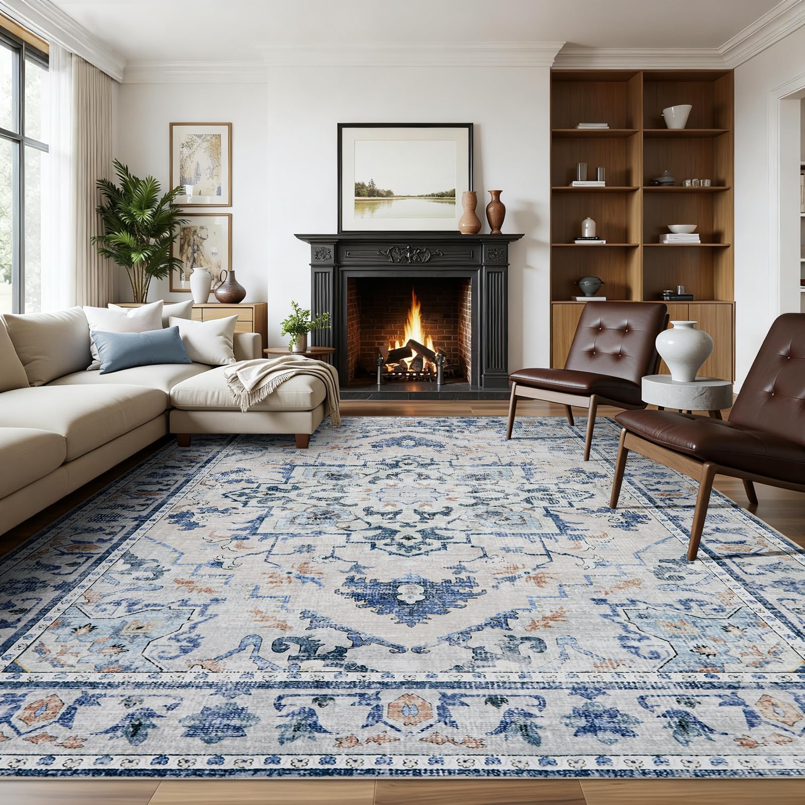 Tapis vintage 2,7x3,6m pour salon, chambre et bureau à domicile Joydeco bleu gris