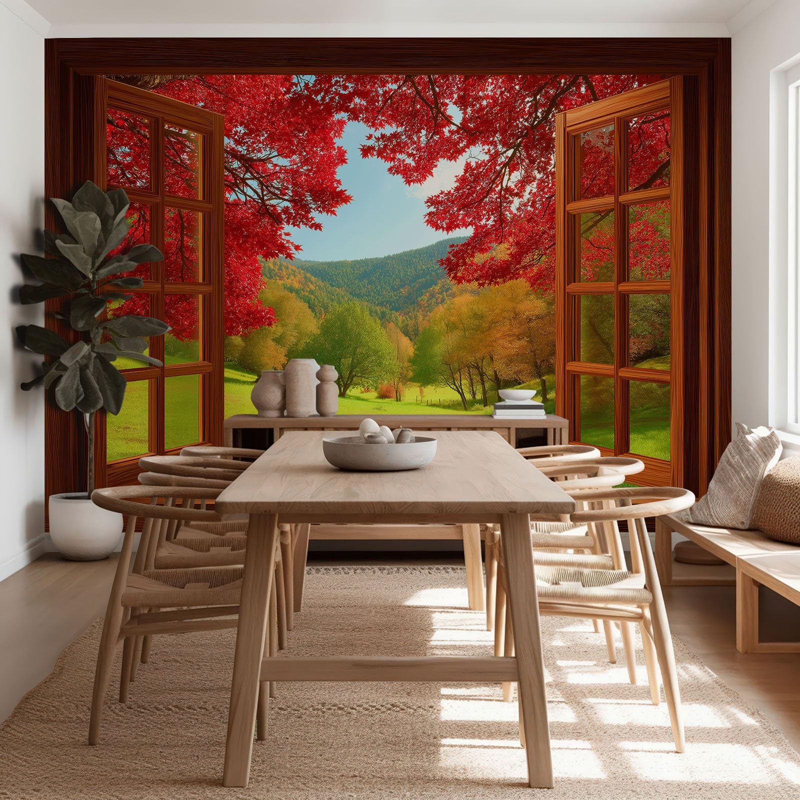 Fototapeta 3D, okno sklepowe, czerwony klon, trawnik, 250 x 175 cm, fototapeta, jesienna sceneria, nowoczesny salon, tło telewizora mural tapeta do salonu TV sofa motyw hotel murale