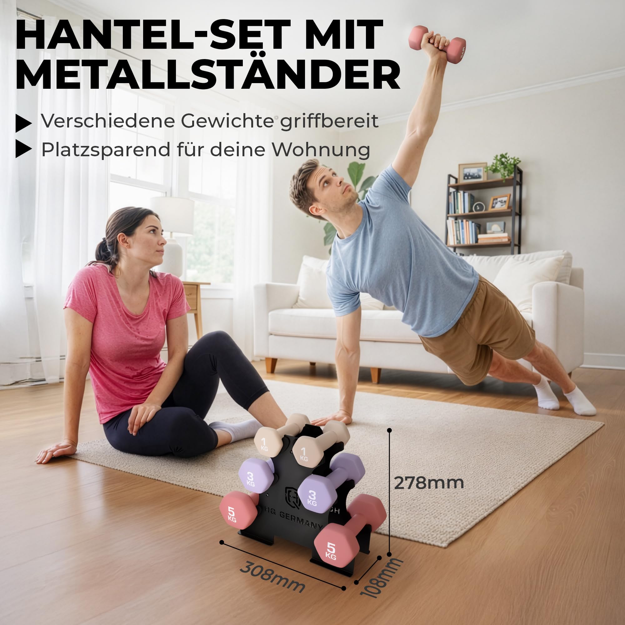 HQ Germany® Hanteln Set [geruchsfreie Pastellfarben] - Hanteln 2 Stück für Pilates und Kraftraining, Hantelset Home Gym, Dumbbells, Gewichte Hantel, Hantel Set, Kurzhanteln, Handeln für Frauen - 2