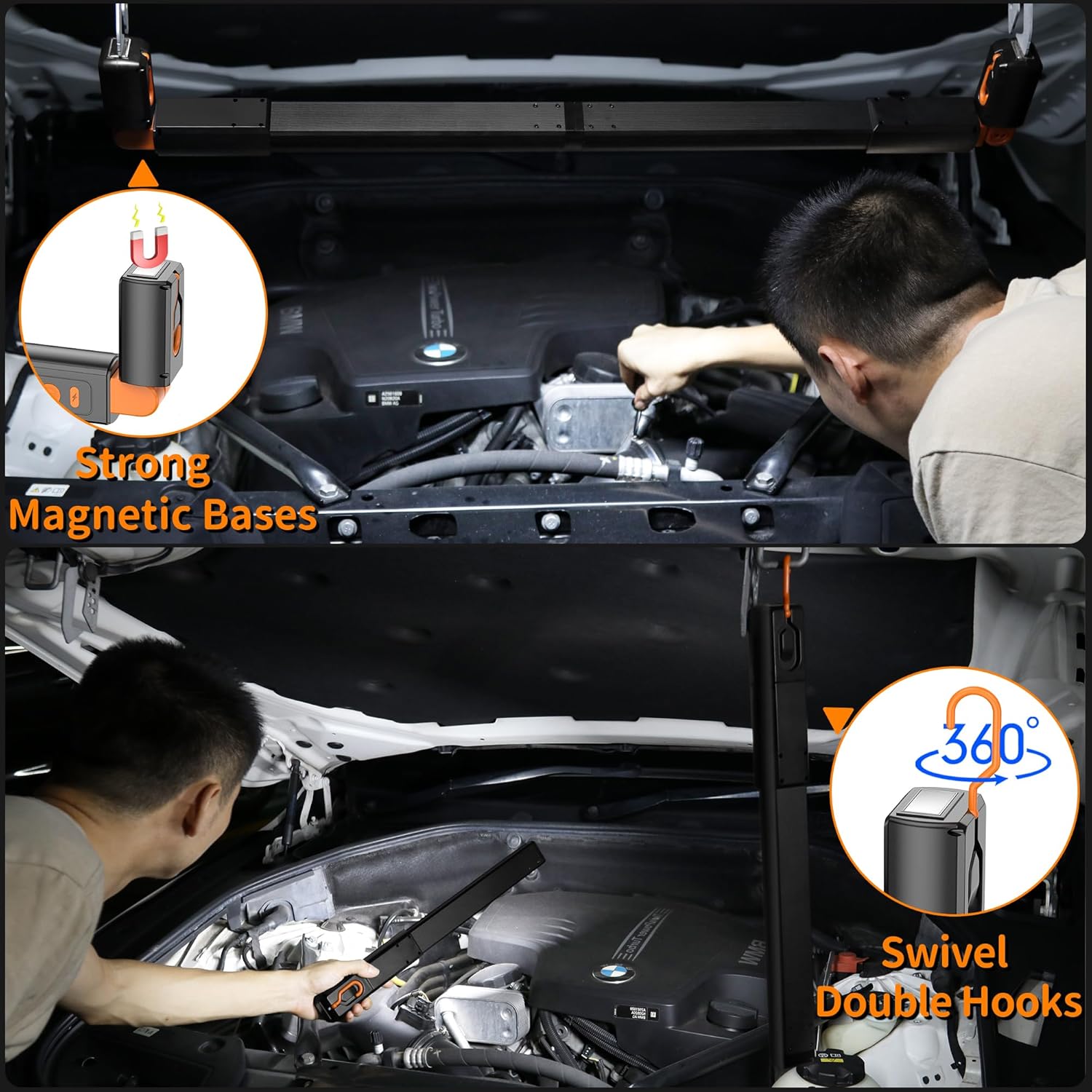 YiaMia Detachable LED Work Light Rechargeable, Aluminum Panel Long Underhood Work Light, 6000mAh Hood Light Bar with Magnetic and Hooks, Cordless Bright Work Lamp for Car Repairing Garage Workshop