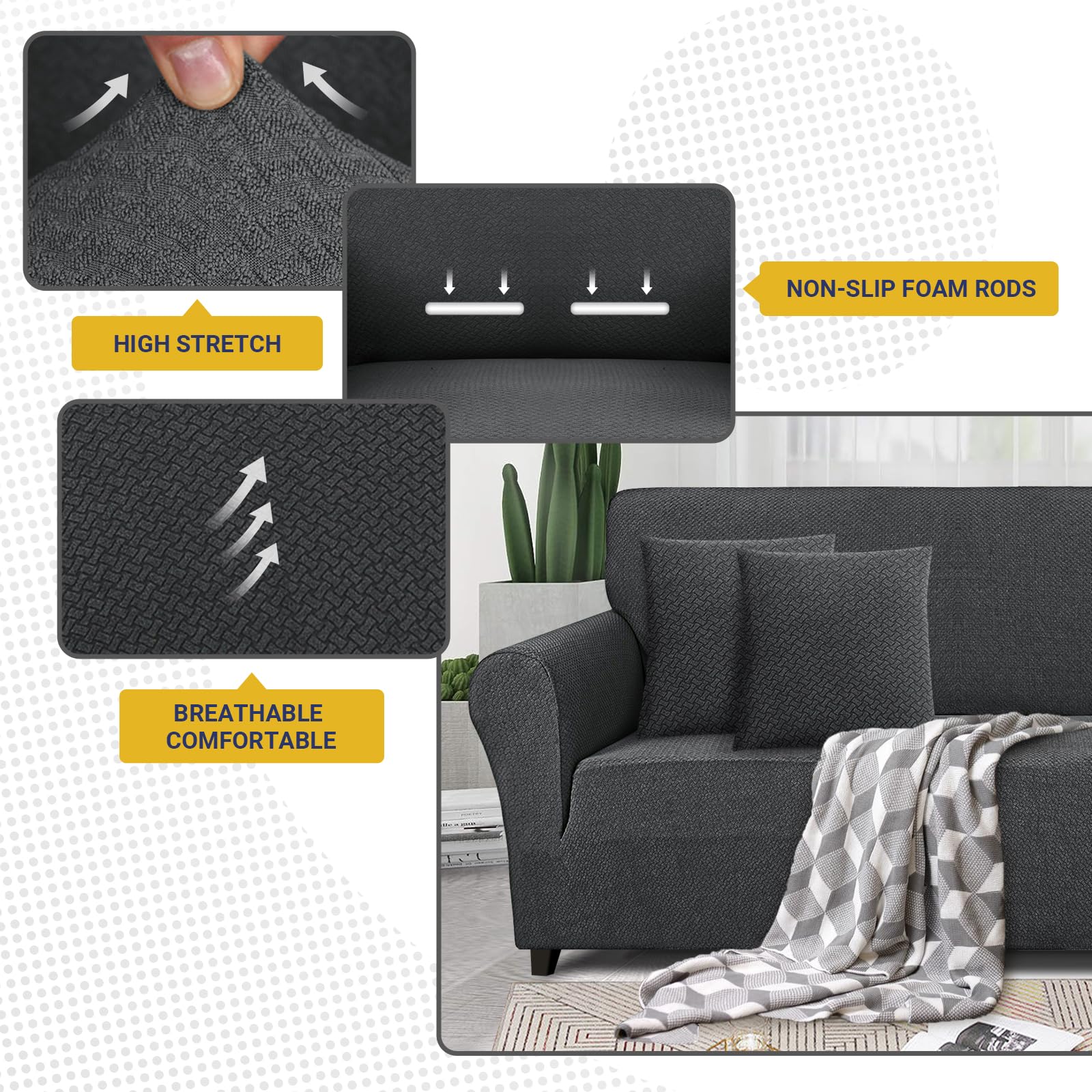 Lydevo Copridivano 2 Posti con Braccioli Fodere per Divano Jacquard Nuovo Spessore Rivestimento per Divano con 2 Copricuscini Universale Divano Protector per Animali,Tattile Jacquard#Grigio Scuro