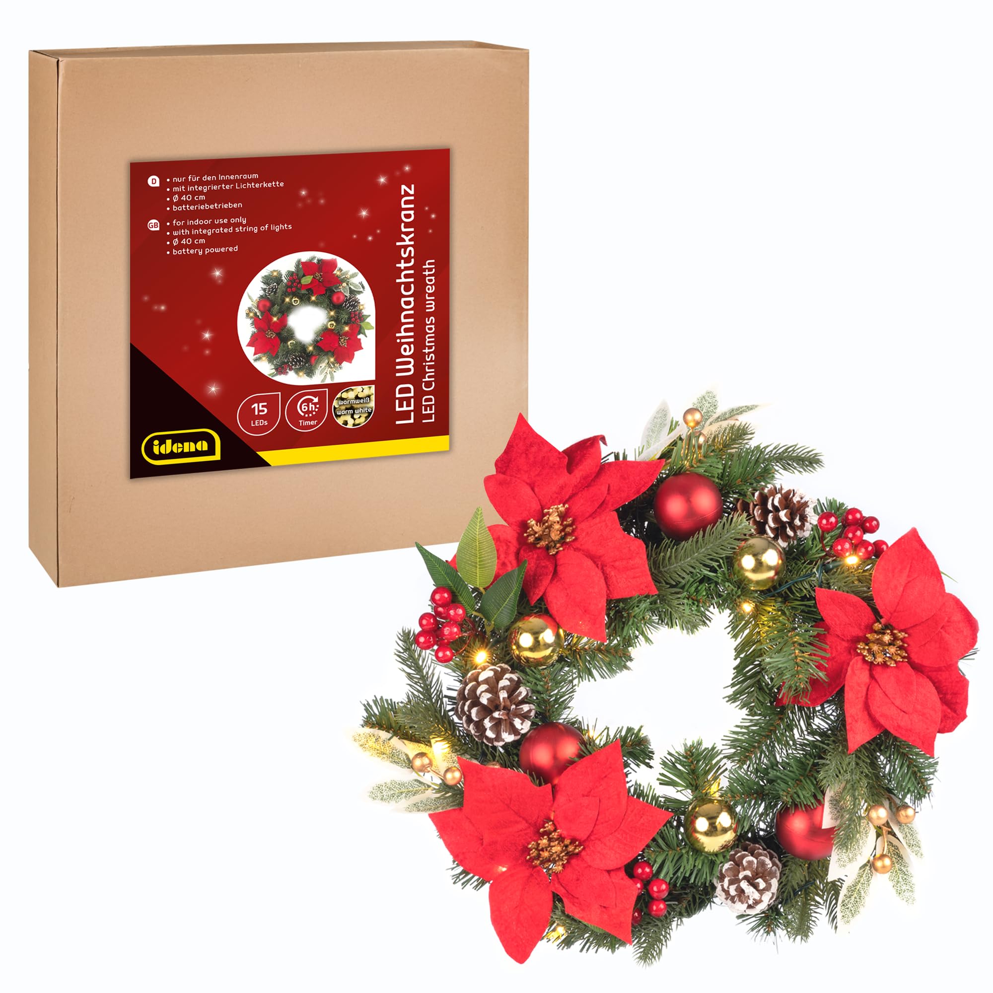 Idena 31902 LED Christmas Wreath with 15 LEDs in Warm White, Approx. 40 cm, Advent Wreath with Jewellery in Red Gold, Christmas Decoration for Indoors, Battery Operated with Timer
