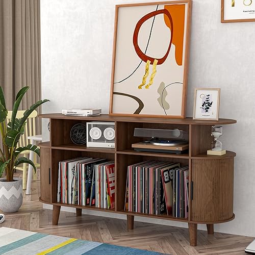 Soporte grande para tocadiscos de nogal con estación de carga, mesa giratoria de mediados de siglo, armario de almacenamiento para tocadiscos de