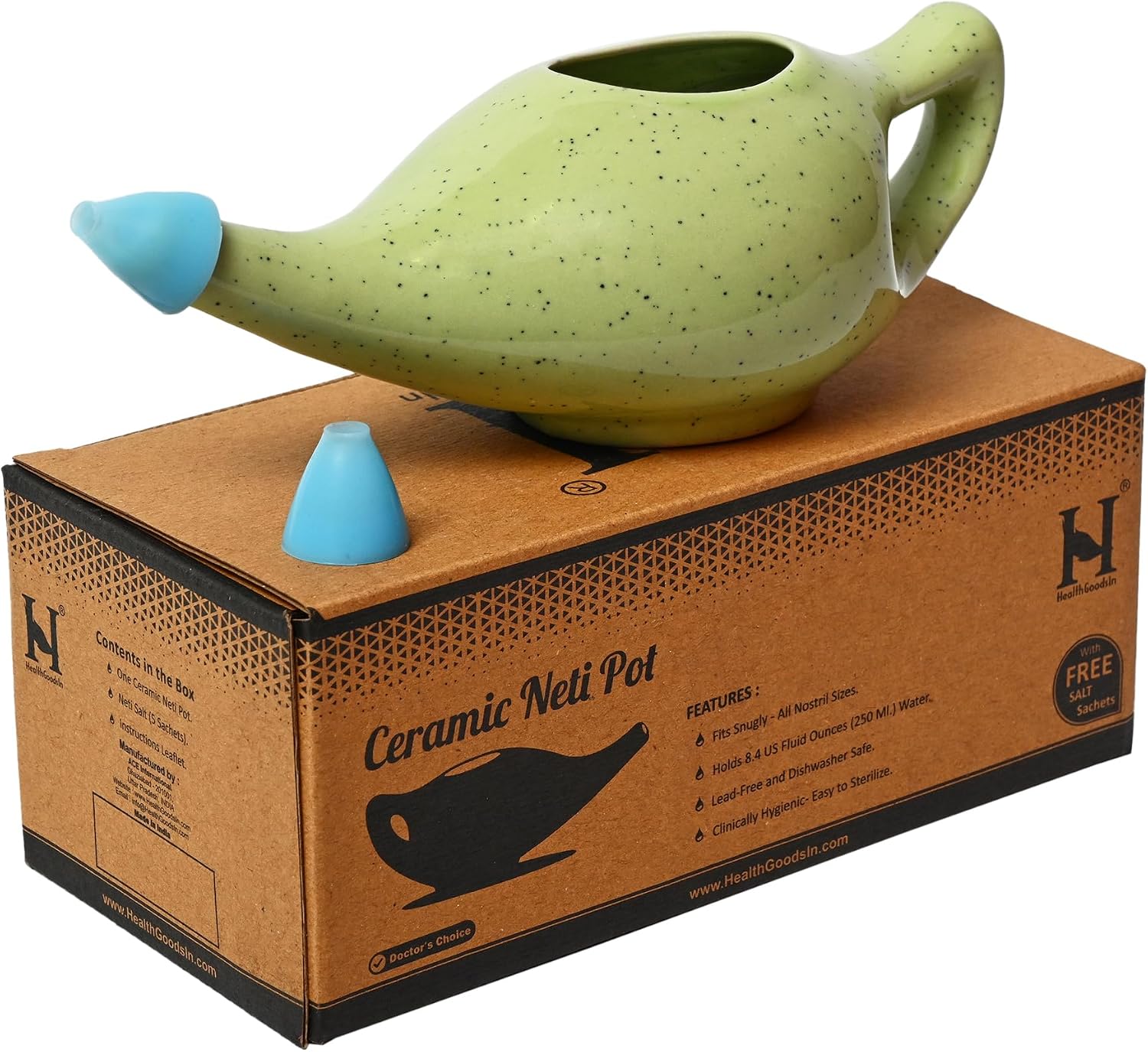HealthGoodsIn Premium Handcrafted Durable Ceramic Neti Pot, Nasal Irrigator, Dishwasher Safe, 2 Silicone Nozzle Tip, Holds 225 Ml. Water - (Freckle Pattern Green)