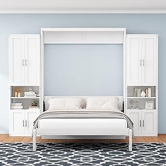 SOFTSEA Queen Size Murphy Bed with 2 Side Cabinets, 68 inch Foldable Wall Bed Murphy Bed with Desk Combo, Wood Cabinet Wall Bed for Guest Room Study Room Bedroom Home Office, White