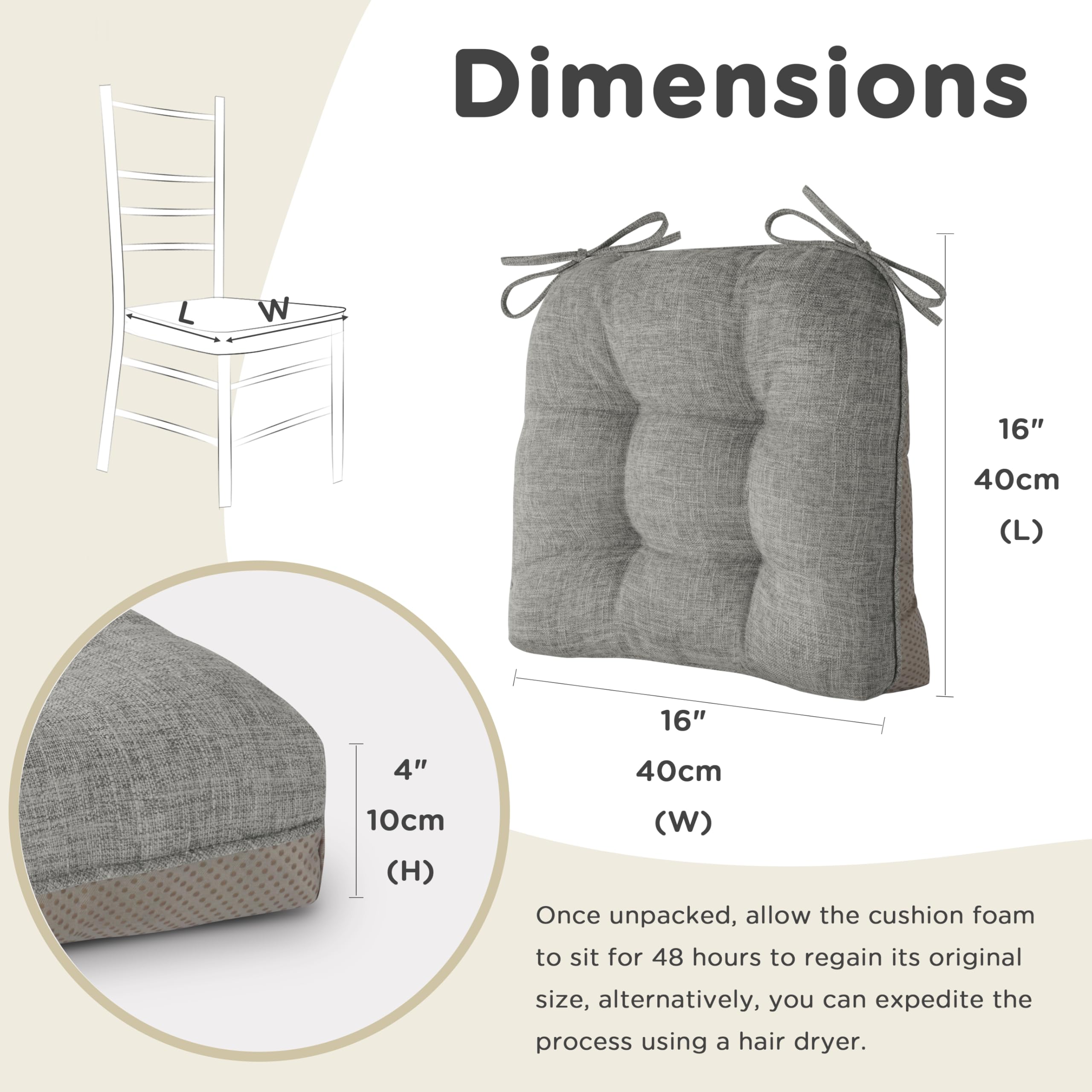 AddGrace Lot de 2 coussins d'assise doux - 40 x 40 cm - Avec rembourrage de qualité supérieure de 10 cm - Pour l'intérieur, la cuisine ou la salle à manger - Gris clair