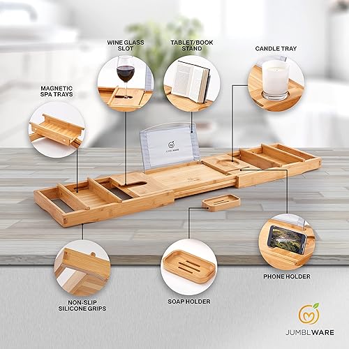Miniatura 3 de Bandeja de baño de bambú. Bandeja de baño de lujo con asas, estante para libros, soporte para copas de vino, jabonera y ranuras para teléfono y
