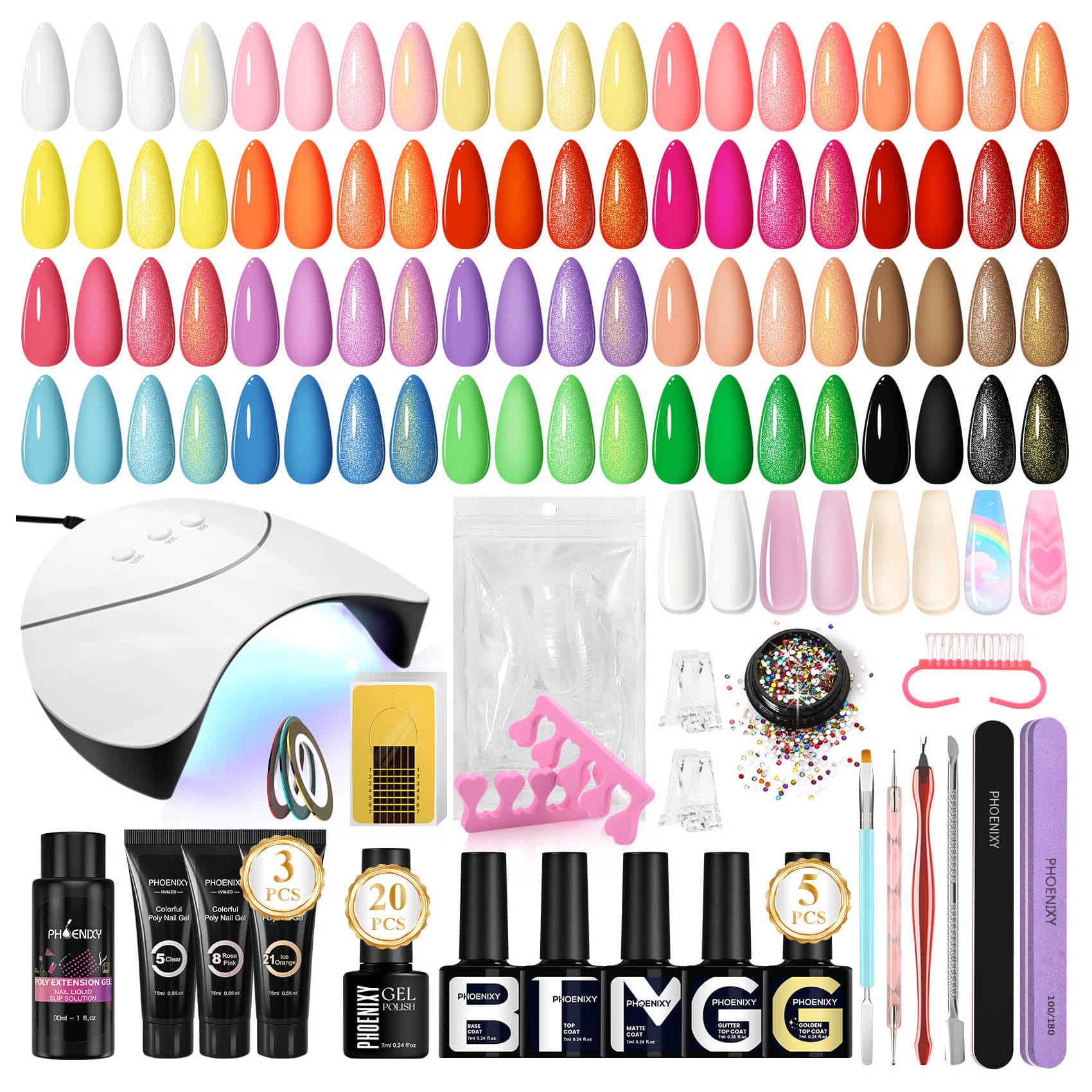 Phoenixy 28 PCS Kit Vernis Semi Permanent avec Lampe à Ongles 20 Couleurs Vernis à Ongles + 3 Couleurs de Poly Extension Gel Kit Ongle Gel UV Complet Pour Débutant