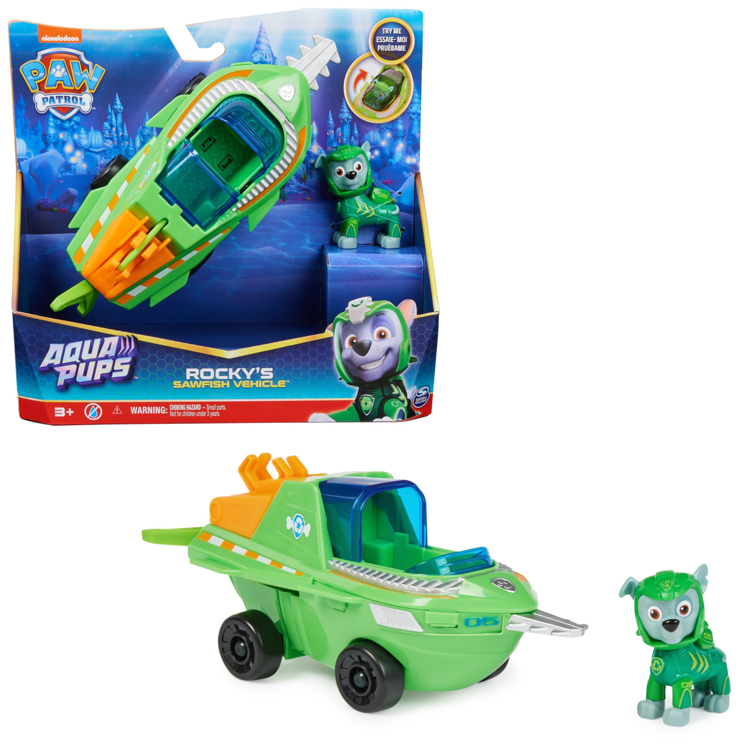 PAW PATROL, Aqua Pups - Basis Fahrzeug Spielzeugauto im Sägefisch-Design mit Rocky Welpenfigur, Spielzeug geeignet für Kinder ab 3 Jahren