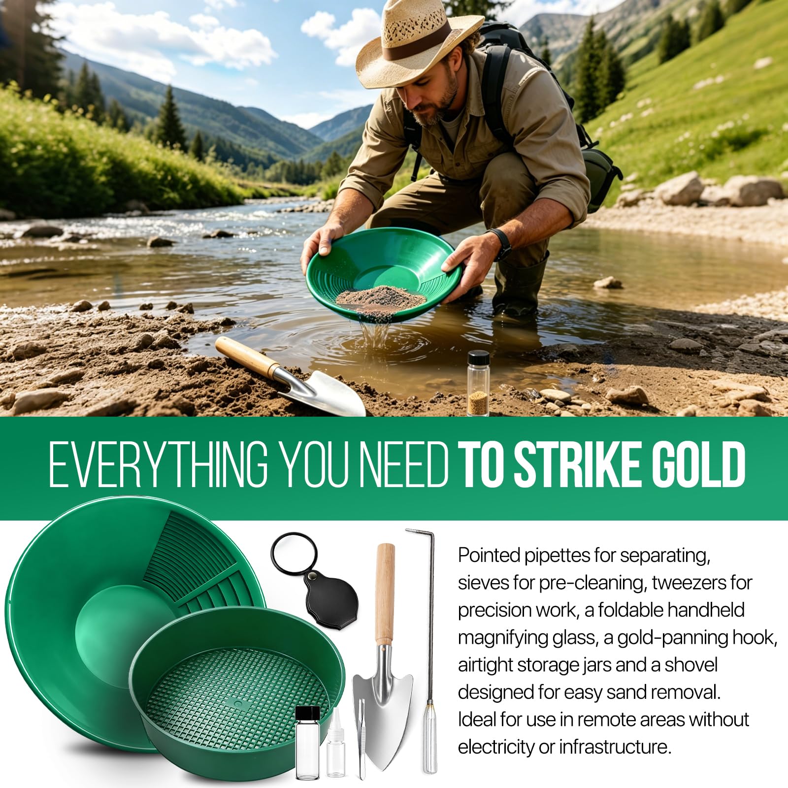 8 Stück Goldwaschpfanne Set, Goldwaschen Ausrüstung 38.5Cm, Goldwaschrinne Sieve Für Nugget Bergbau Wanne Manuelle Goldwaschanlage Ausgräbt, Goldschürfer Ausrüstung (Grün)