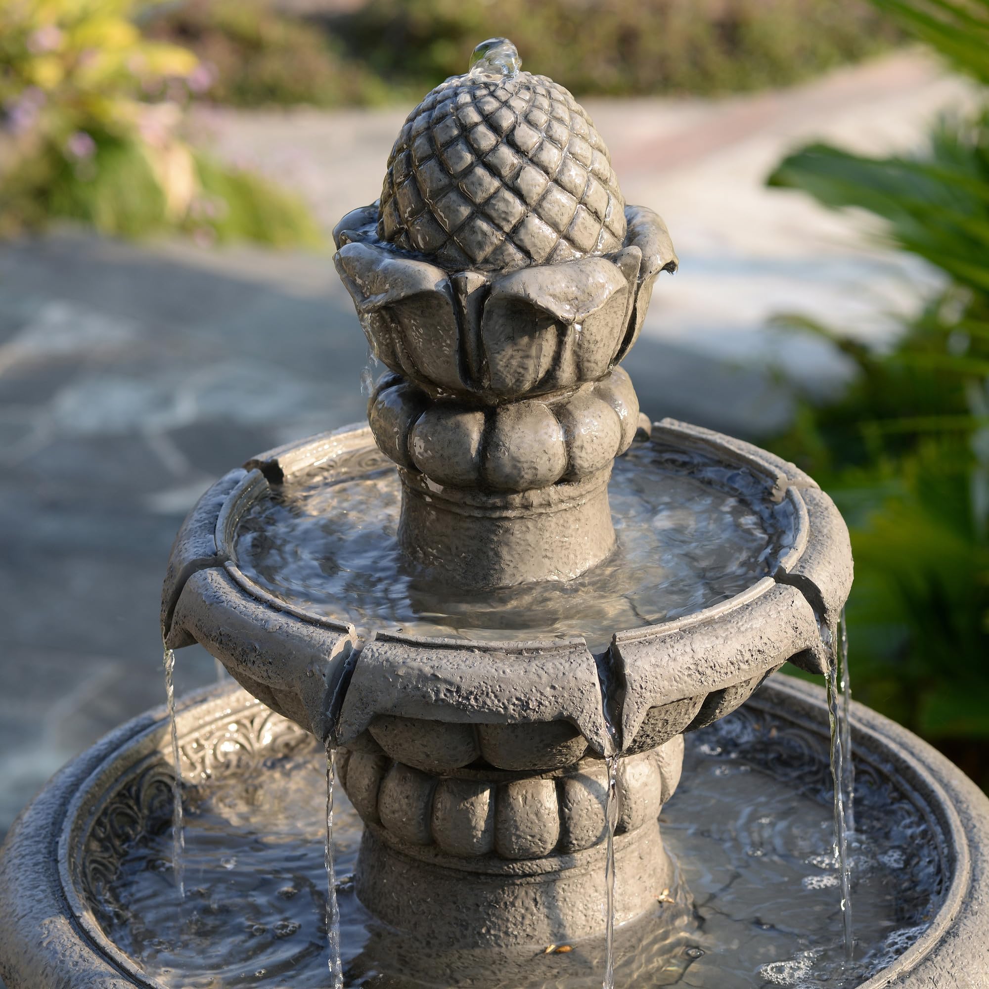 Teamson Home Fontaine Bain d’Oiseaux extérieure 99 cm à 2 Niveaux, Bassin Peu Profond, Finition Pierre Gris Clair, Flux Doux