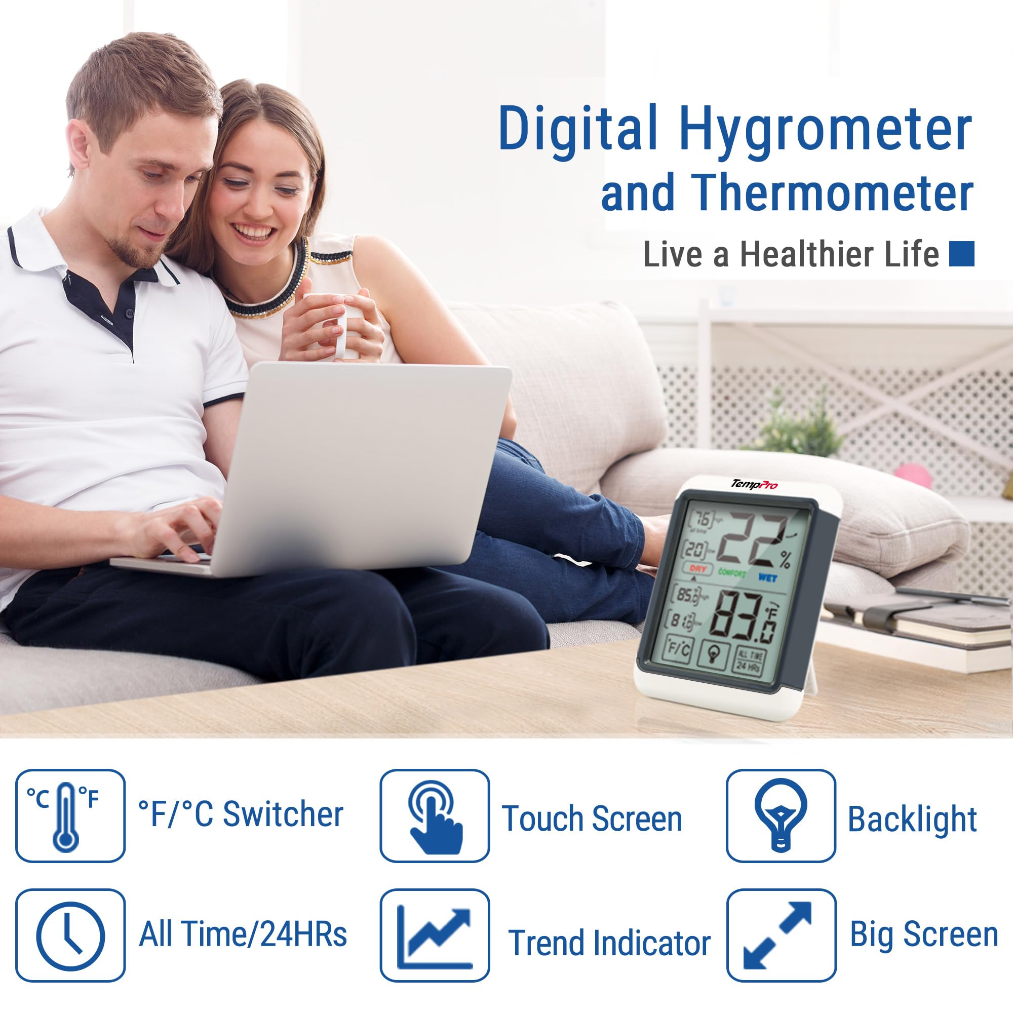 TempPro TempAir Digital Indoor Hygrometer Thermometer with Touchscreen — Amazon image 2