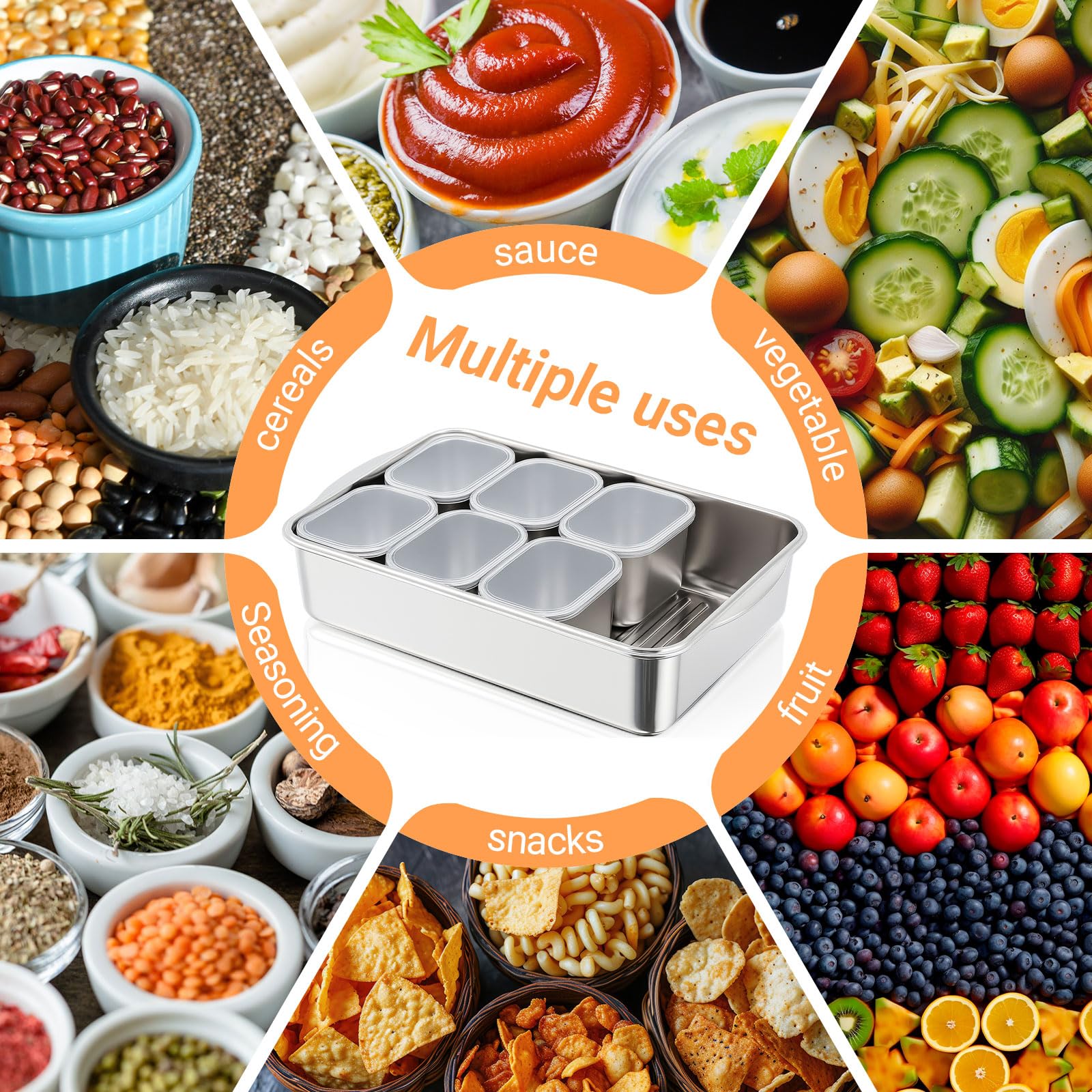 SiliFine Snackbox aus Edelstahl, 8 Fächer, geteiltes Serviertablett mit Deckel und Griff, tragbare Snackplatten, Aufbewahrungs-Organizer für Obst, Süßigkeiten, Nüsse, Gemüse, Reisen, Party, Picknick