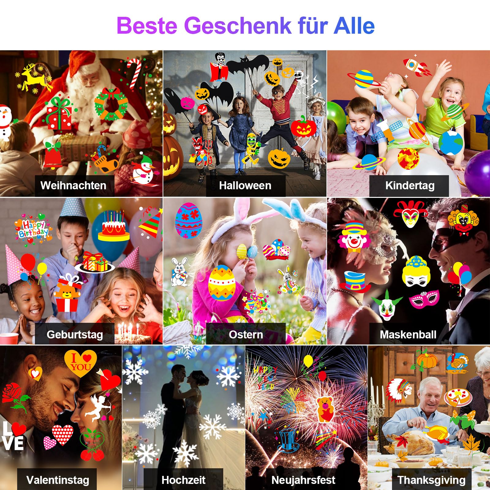 2024 Halloween Weihnachten Projektor Christmas Projector für Außen Innen LED Projektionslampe IP44 Projektorlampe 12 Folien 96 Muster 10 Welleneffekt für Weihnacht Allerheiligen Party Fest